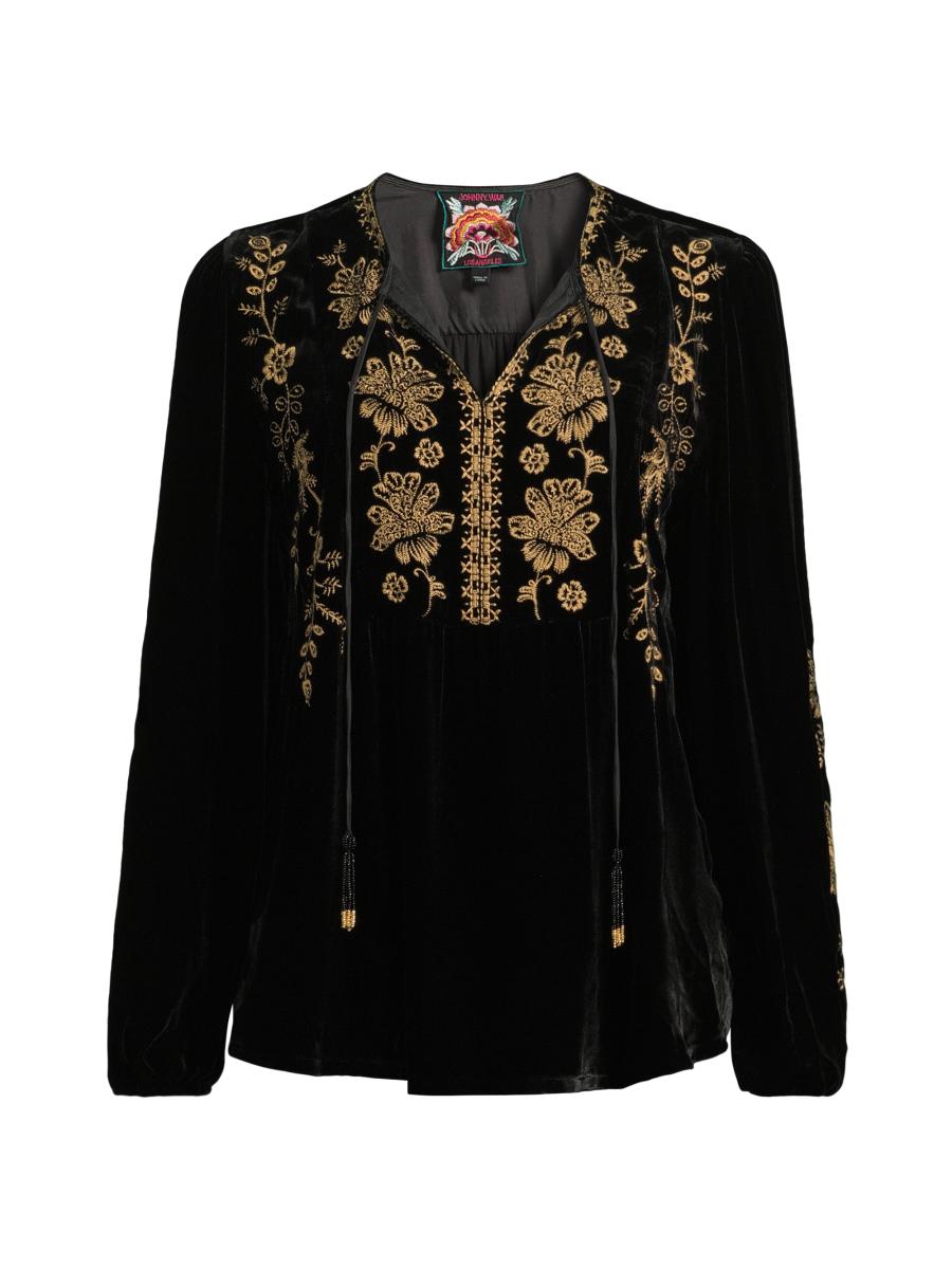 Johnny Was Naomi Embroidered Velvet Tieneck Blouse | Saks