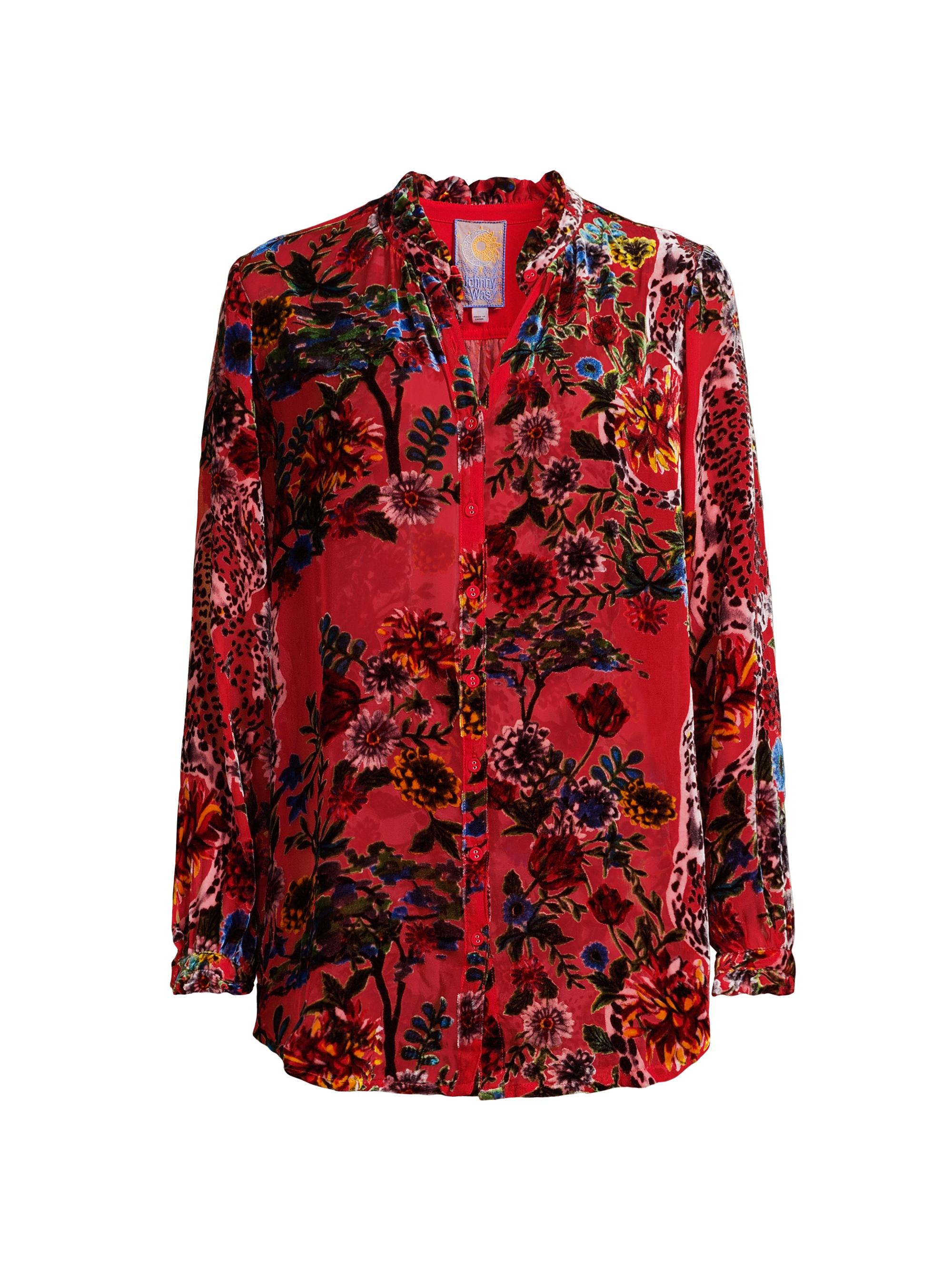 Johnny Was Women's Yoella Floral Velvet Burnout Shirt - Bobcat Forest
