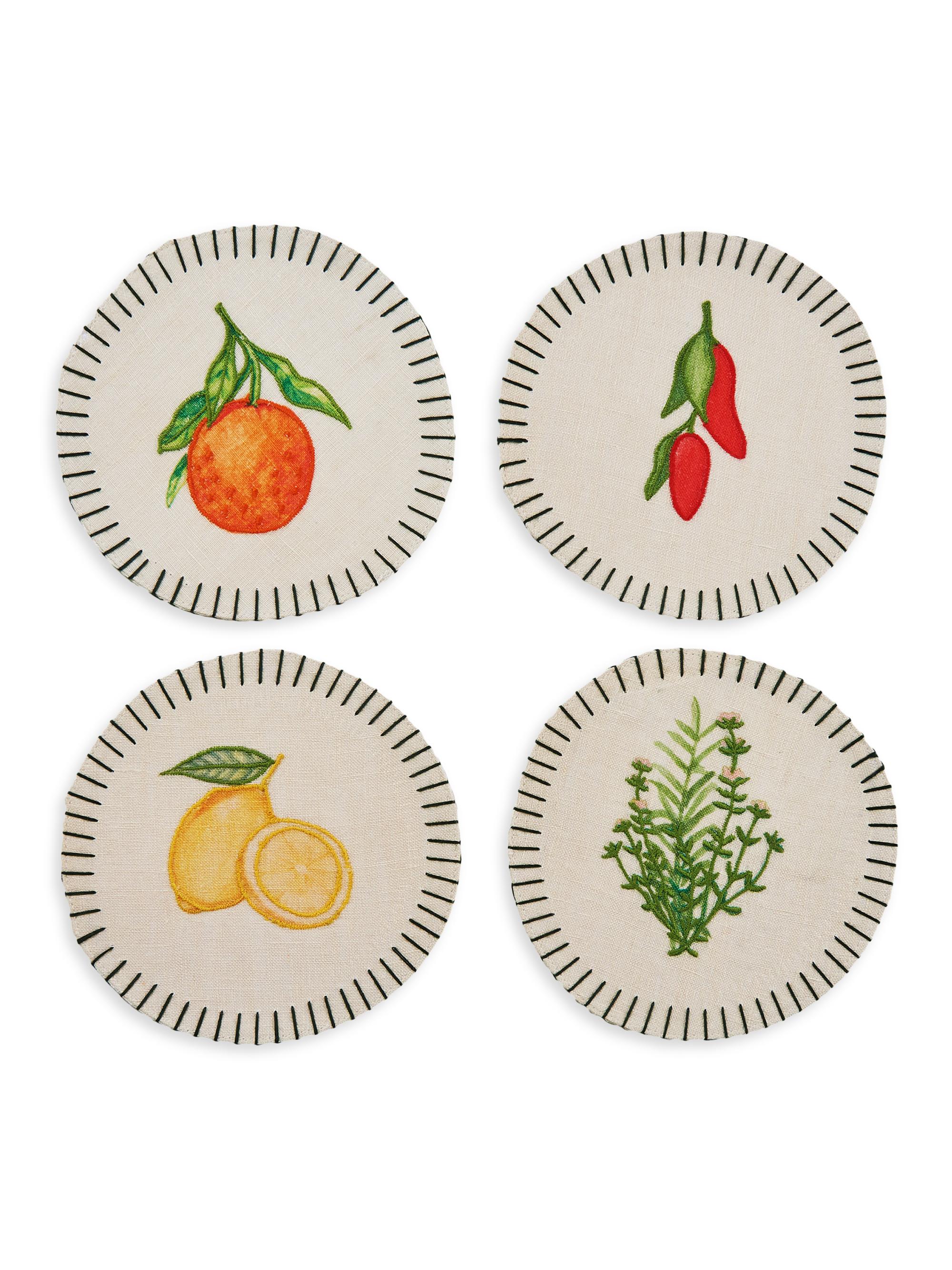 Misette Still Life 4-Piece Embroidered Linen Coaster Set - Green