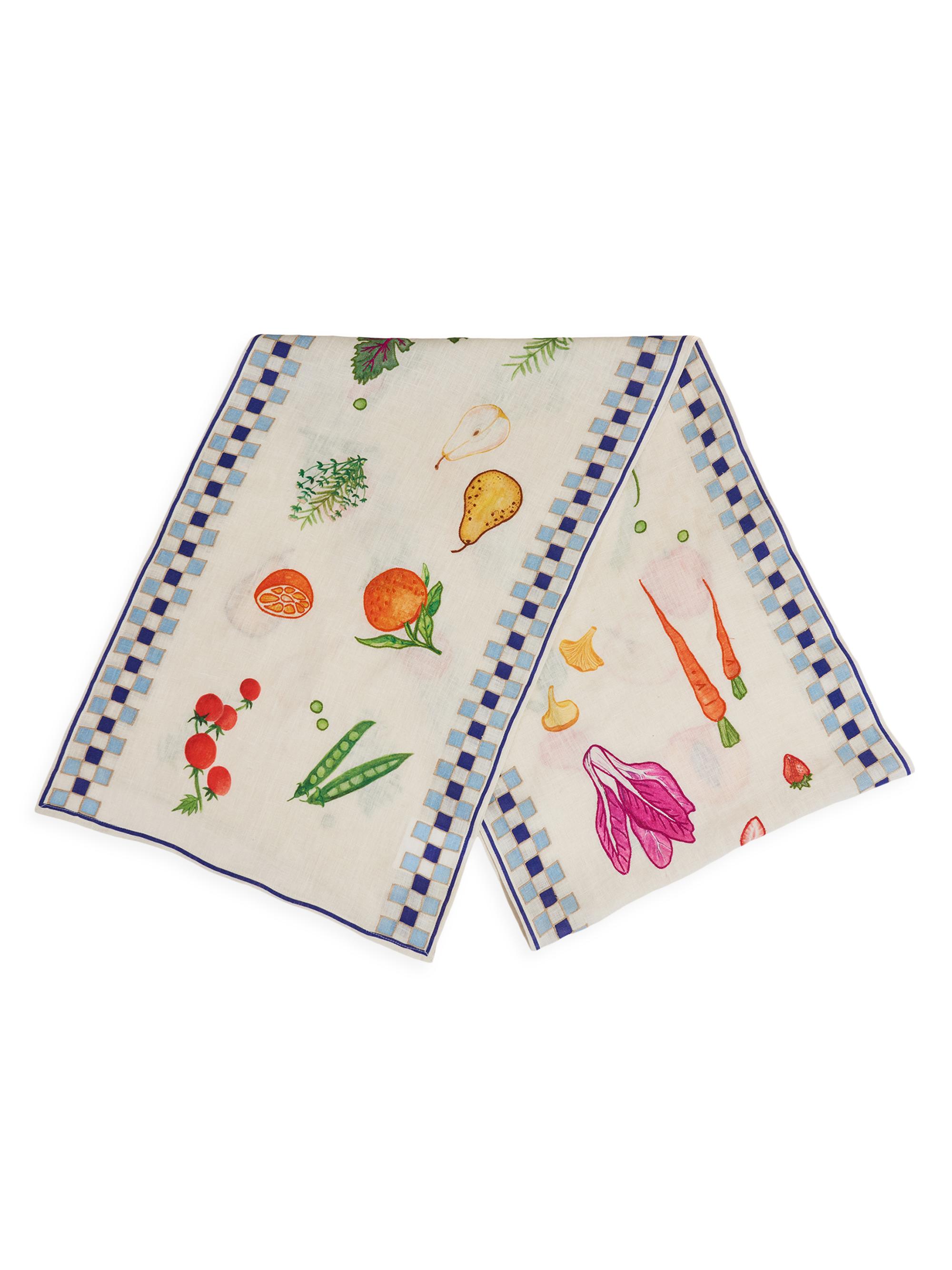 Misette Still Life Embroidered Double Checker Linen Table Runner - Blue