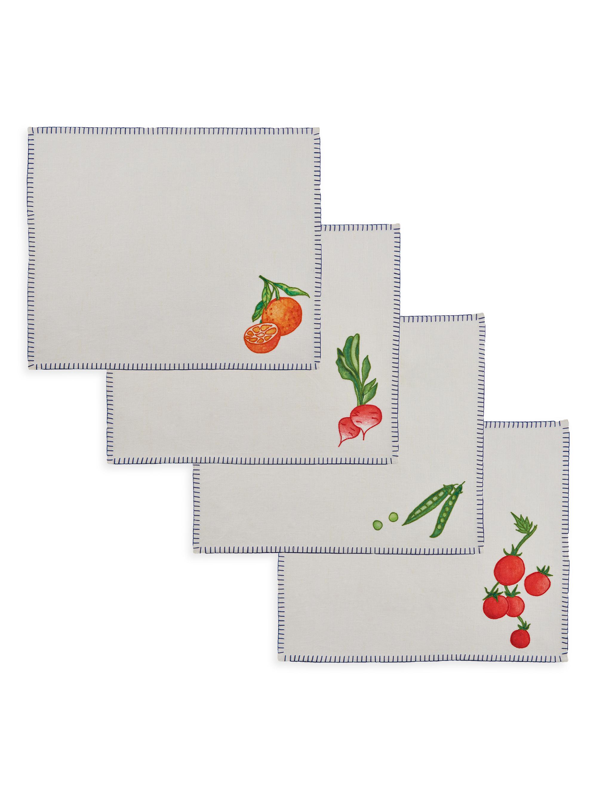 Misette 4-Piece Still Life Embroidered Linen Placemat Set - Blue