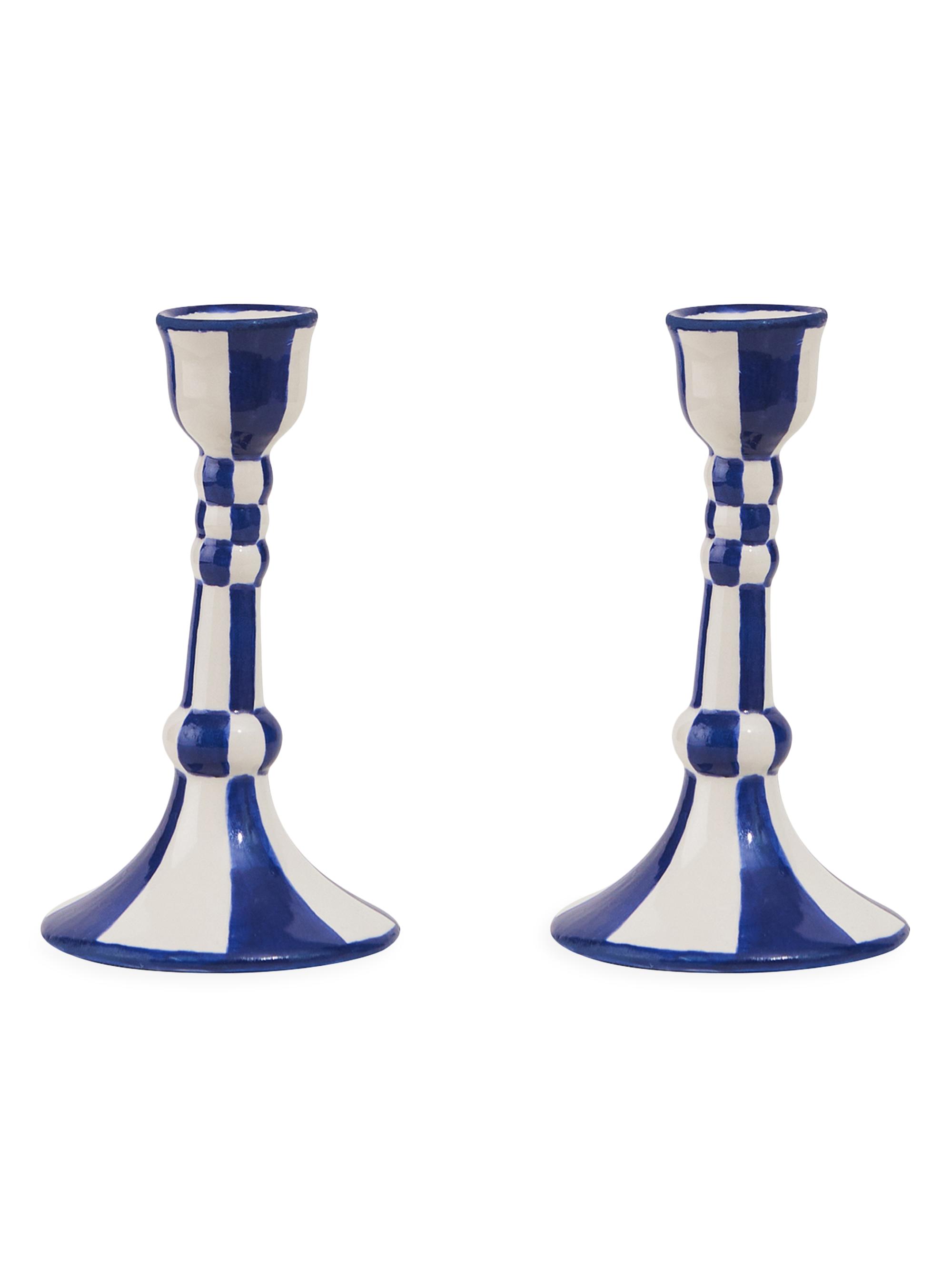 Misette Still Life 2-Piece Handpainted Ceramic Candleholder Set - Blue