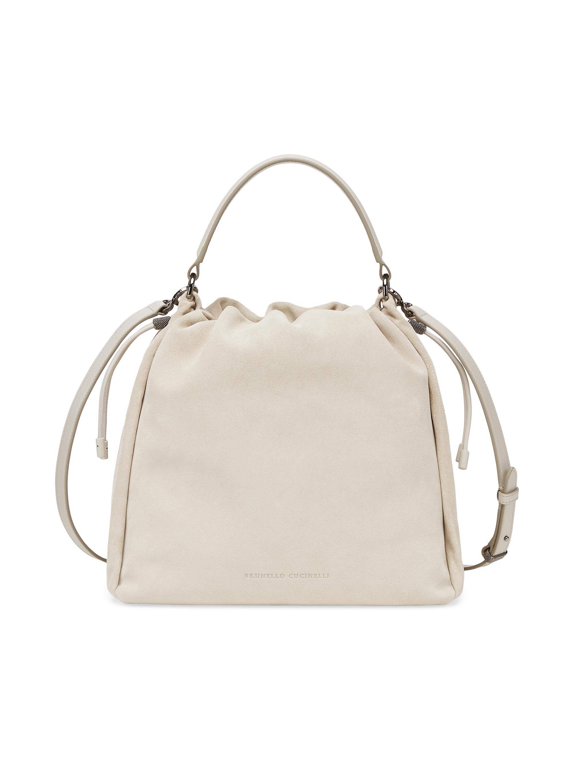 Brunello Cucinelli Women's Sueded Calfskin Bucket Bag with Monili - Light Grey