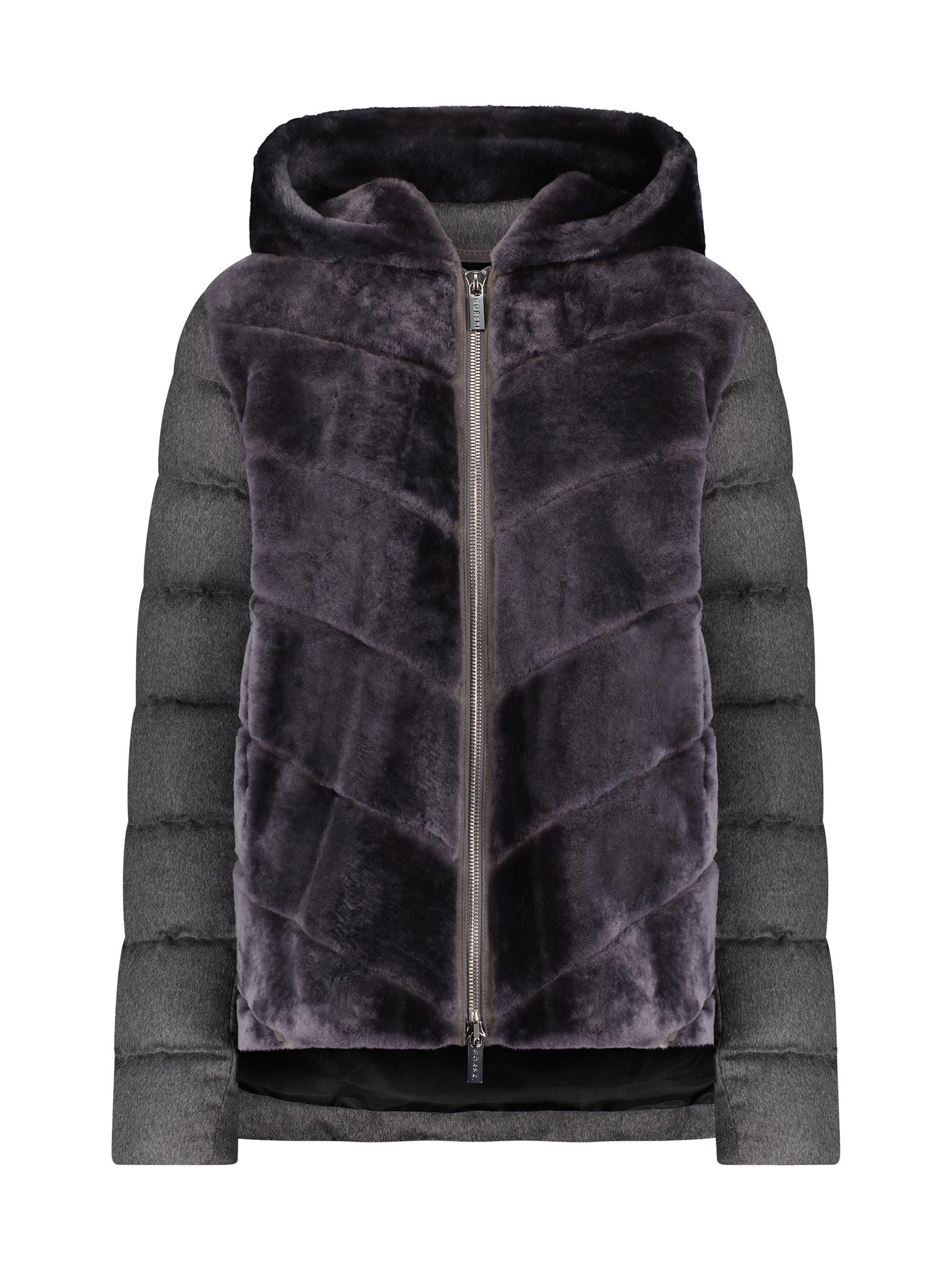 Gorski Women's Shearling Lamb Chevron Parka With Cashmere and Wool Sleeves and Back - Gray