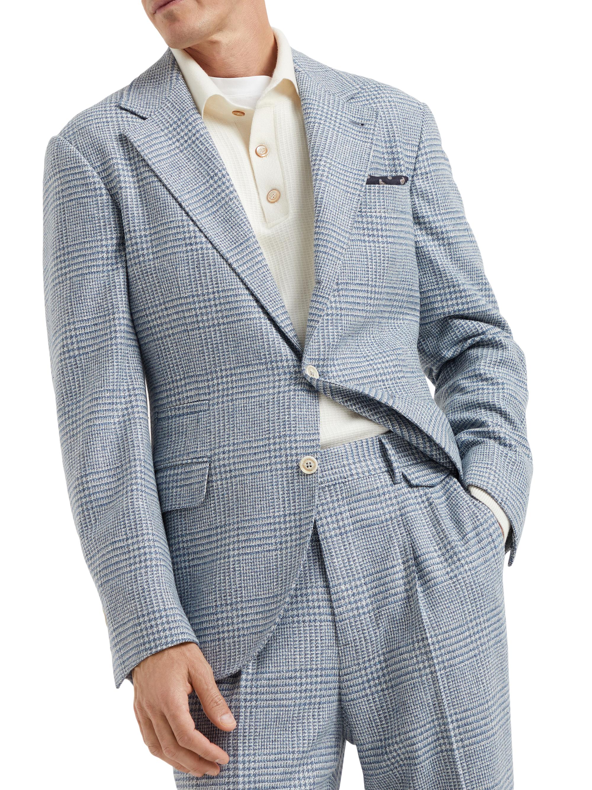 Brunello Cucinelli Men's Prince of Wales Deconstructed Blazer - Azure