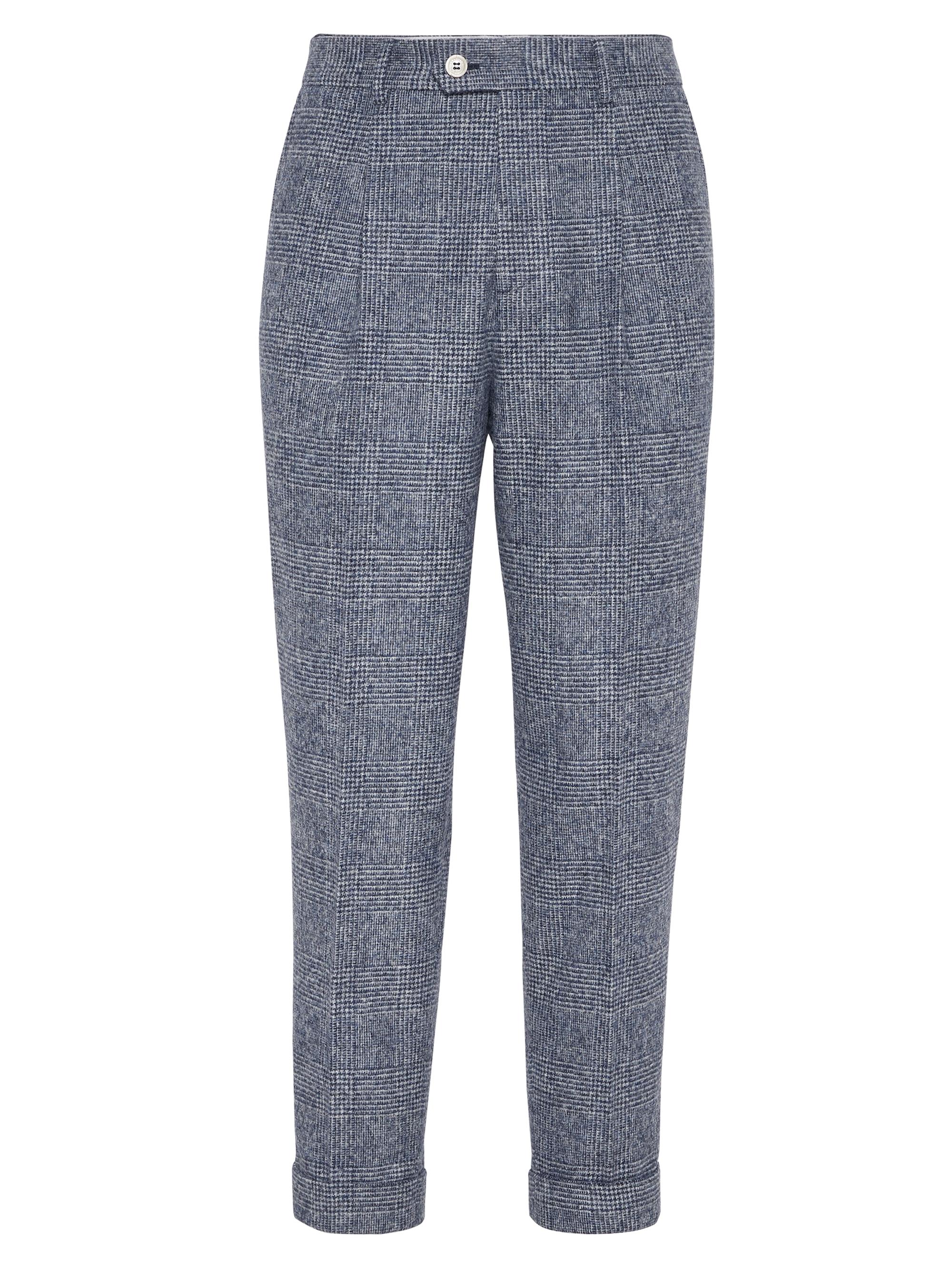Brunello Cucinelli Men's Prince of Wales Leisure Fit Trousers with Pleats - Blue