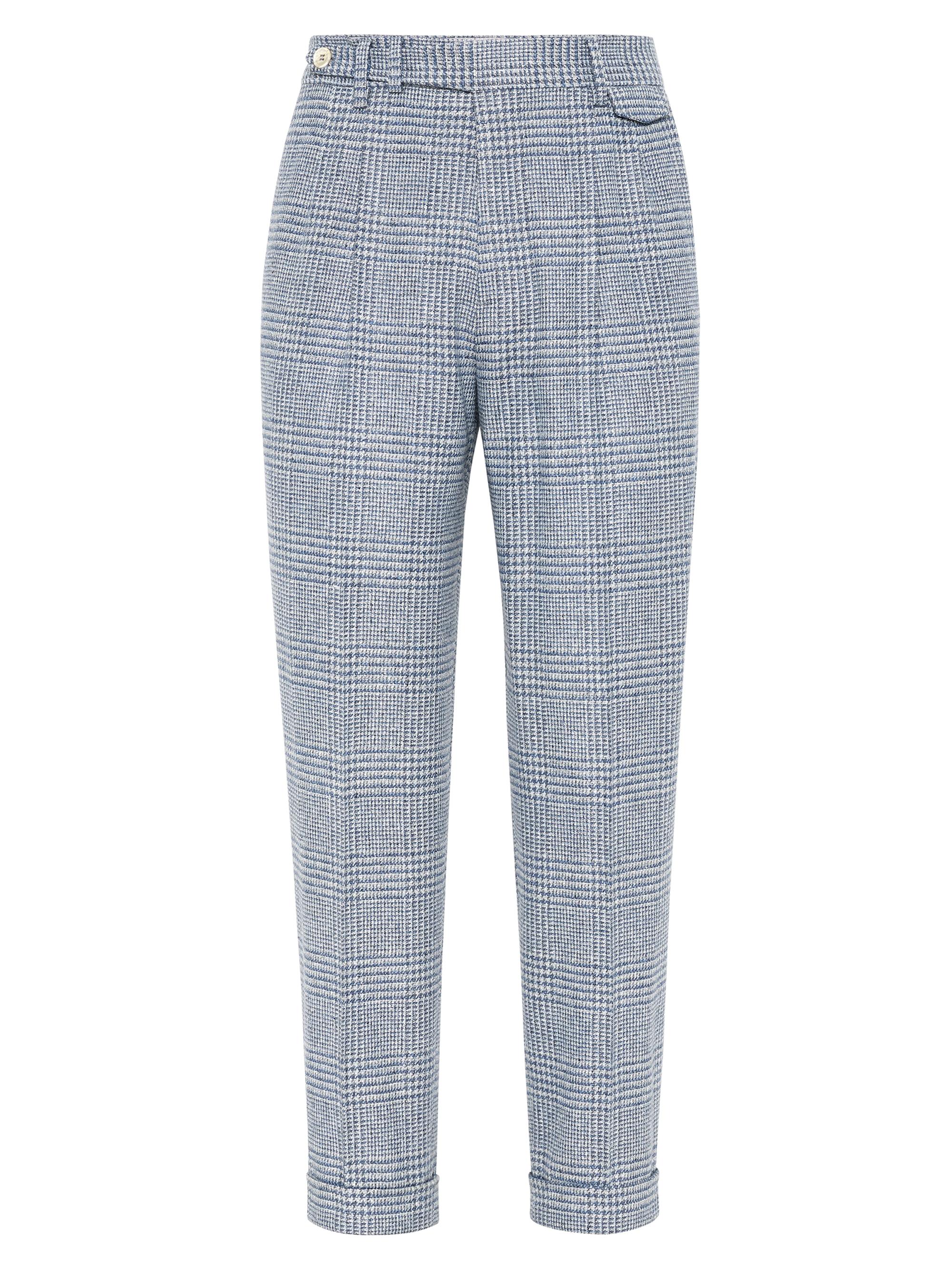 Brunello Cucinelli Men's Prince of Wales Leisure Fit Trousers with Double Pleats - Azure