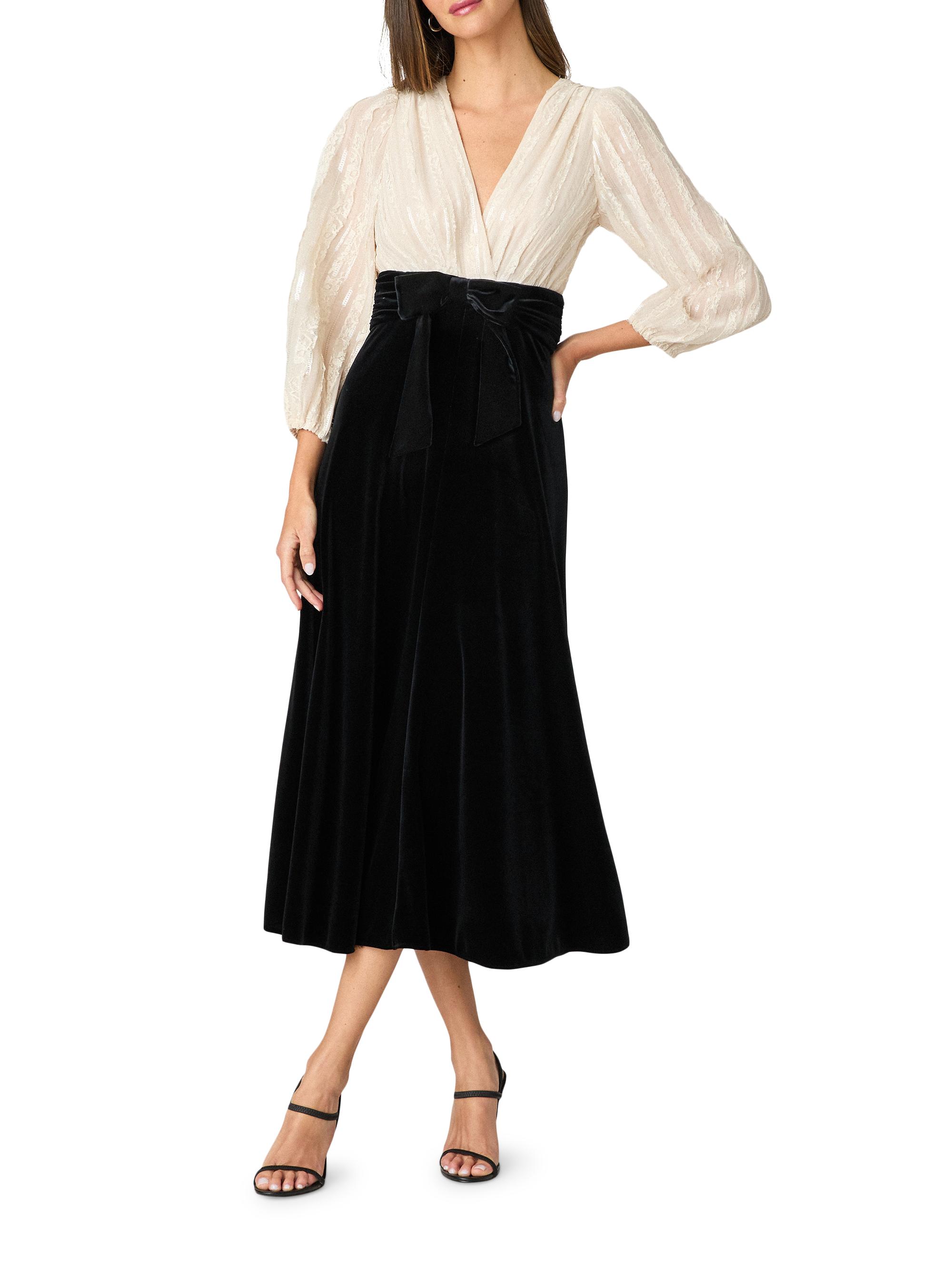 Shoshanna Opera Embellished Chiffon-Velvet Midi-Dress Saks