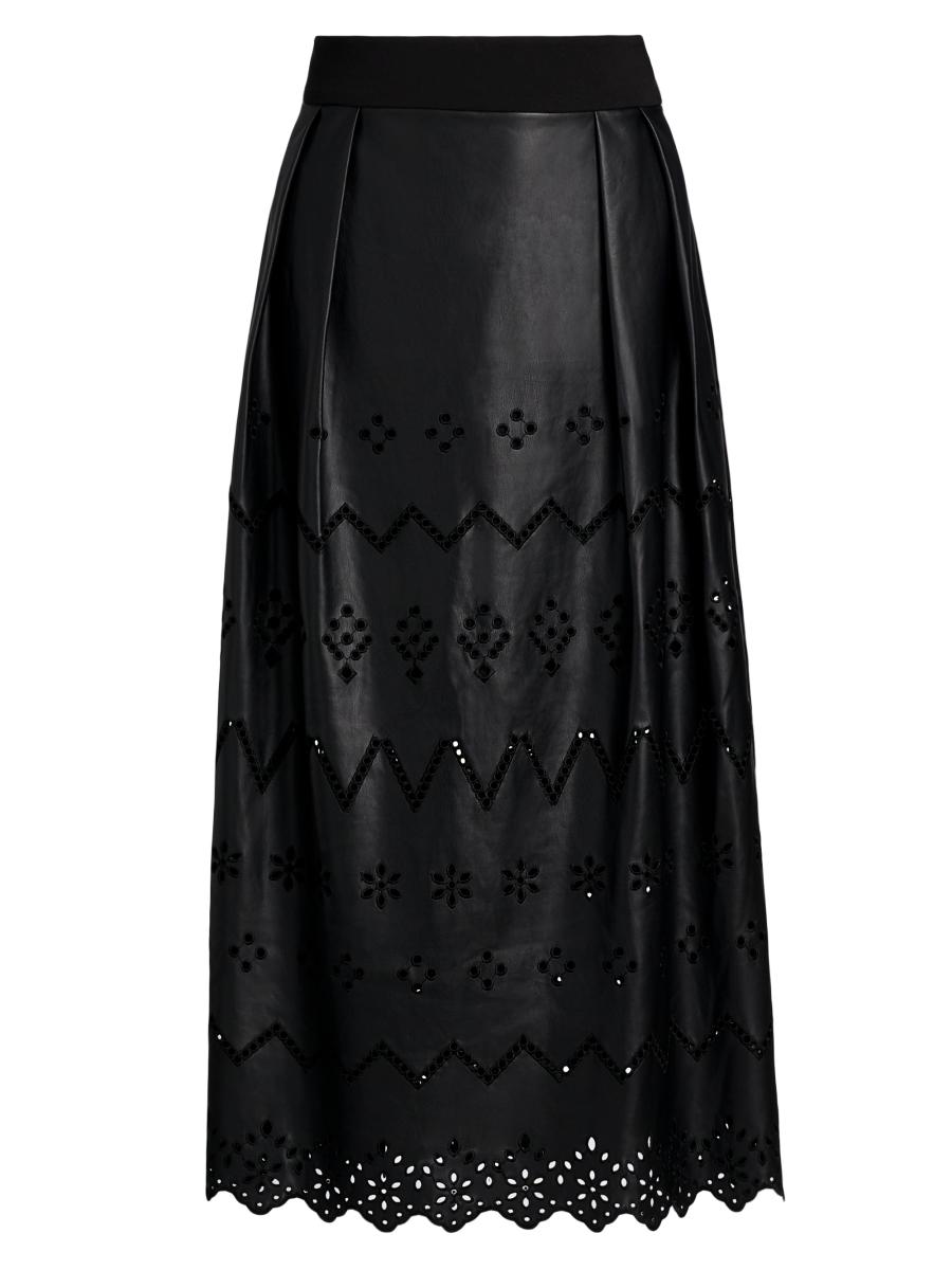 Milly Women's Jolene Eyelet Embroidered Faux Leather Skirt In Black
