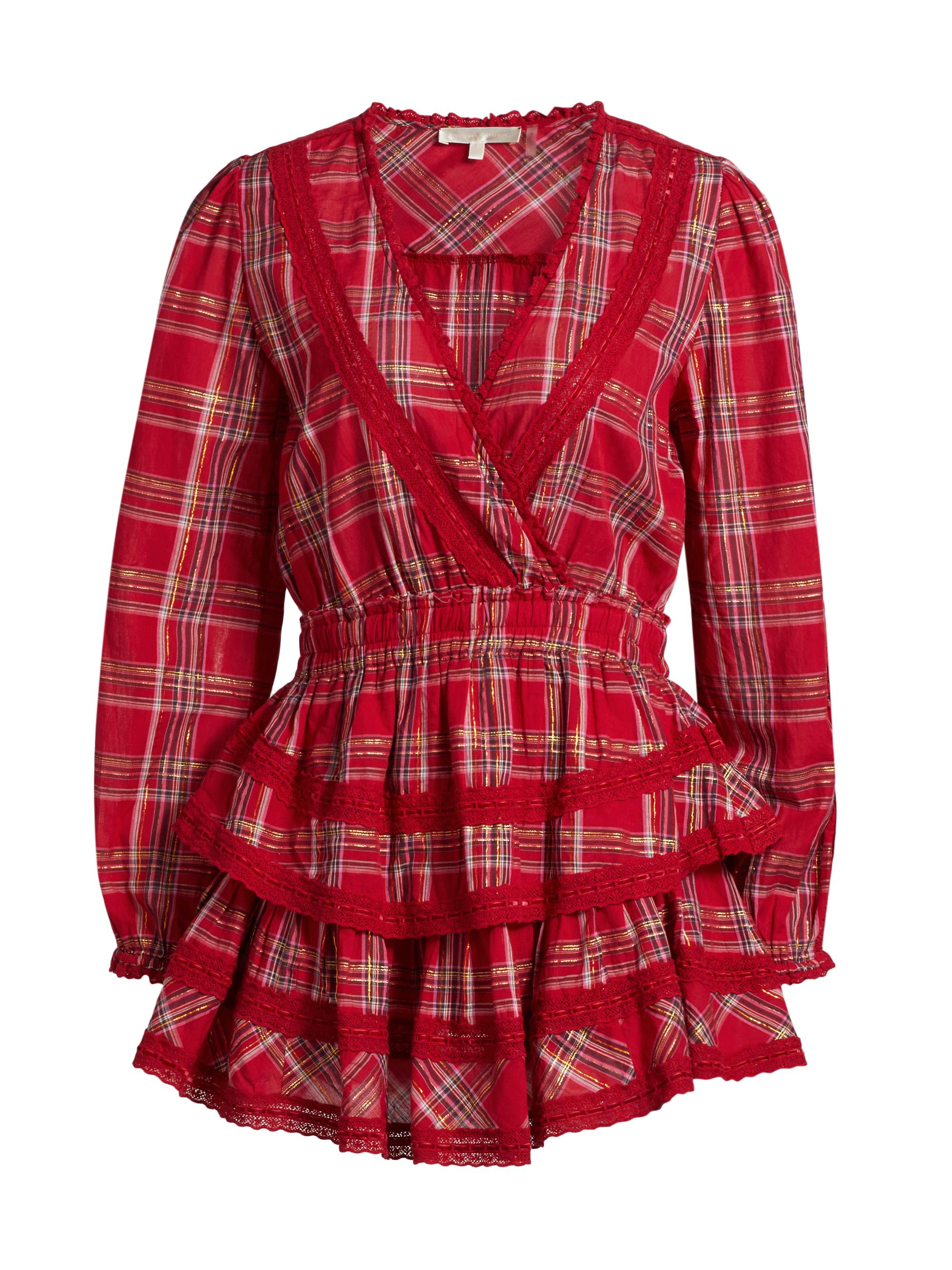 open lace back dress LoveShackFancy // Red Plaid Ruffled Silk Dress – VSP Consignment