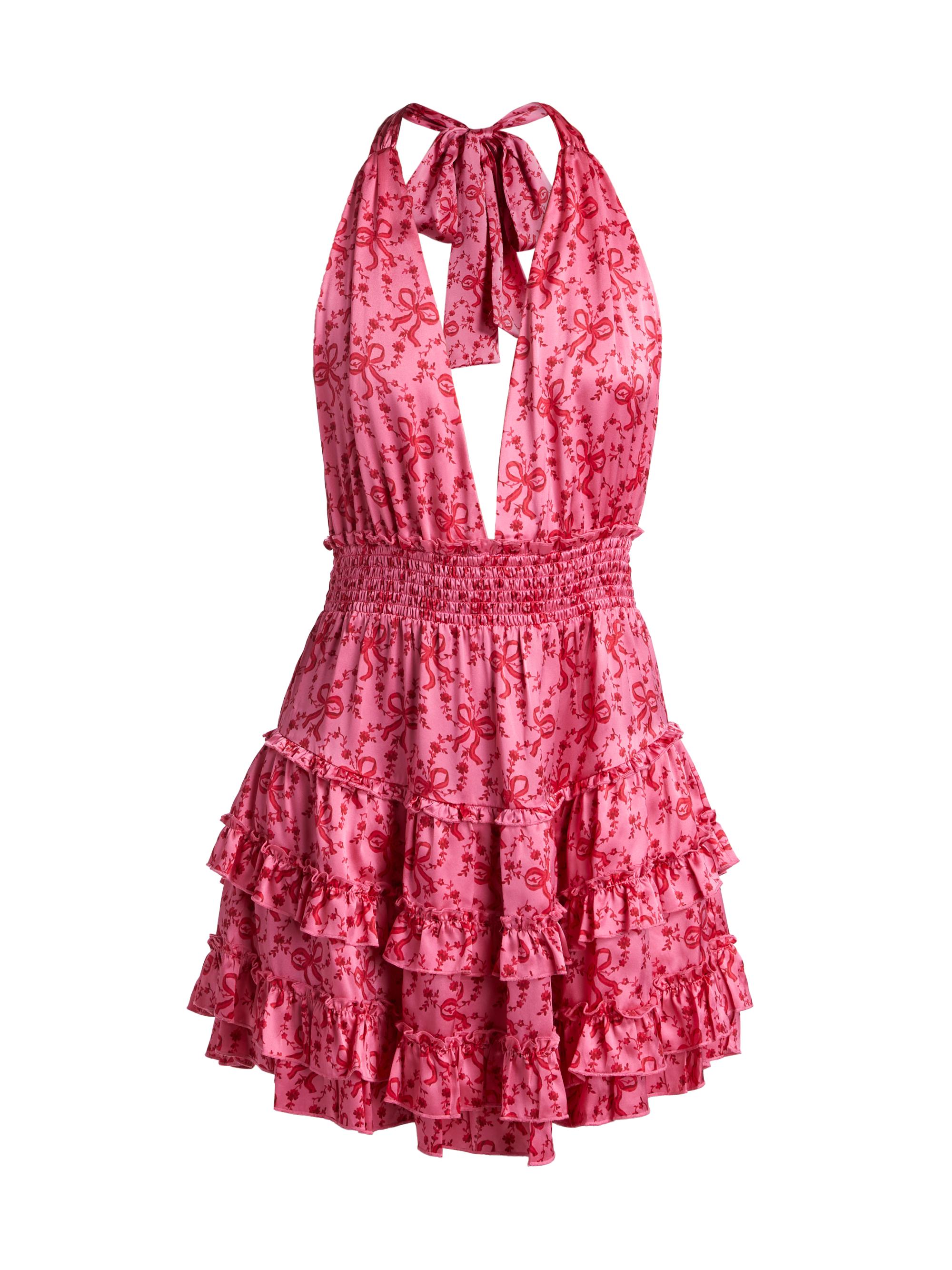 LoveShackFancy Women's Quintelle Floral-Bow Print Ruffle Halter Minidress - Raspberry Burst