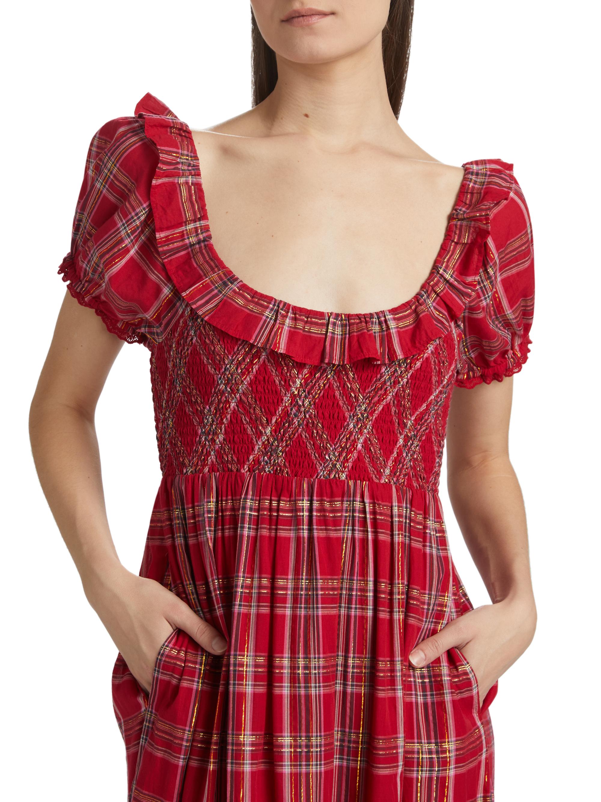 open lace back dress Entro Red Plaid Puff Sleeve Midi Dress with Tie Waist & Pockets – Deja Nu Tx main image 1