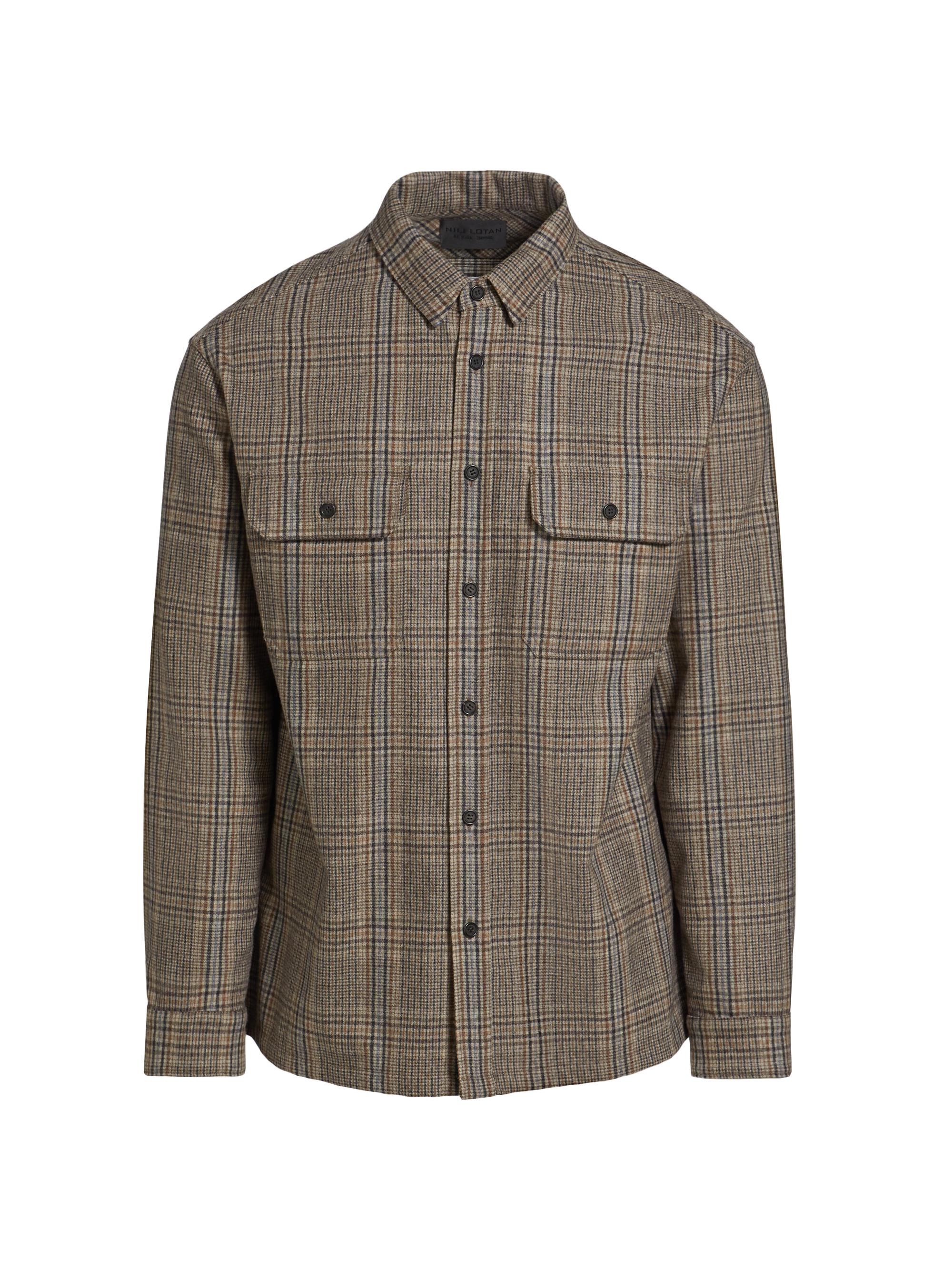 Nili Lotan Men's Evander Plaid Wool-Blend Work Shirt - Sand Plaid