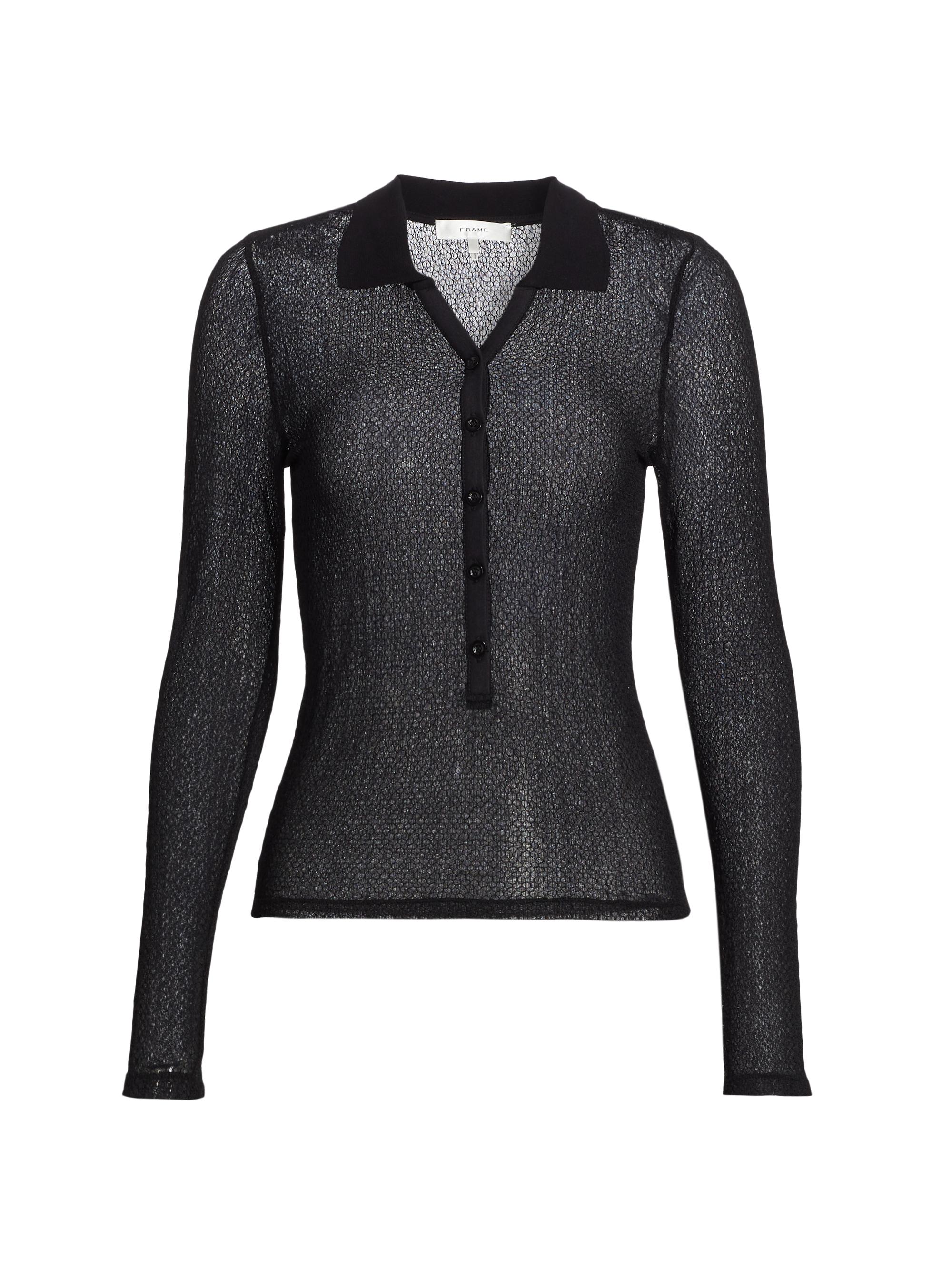 Frame Women's Mesh Semi-Sheer Polo Shirt - Black