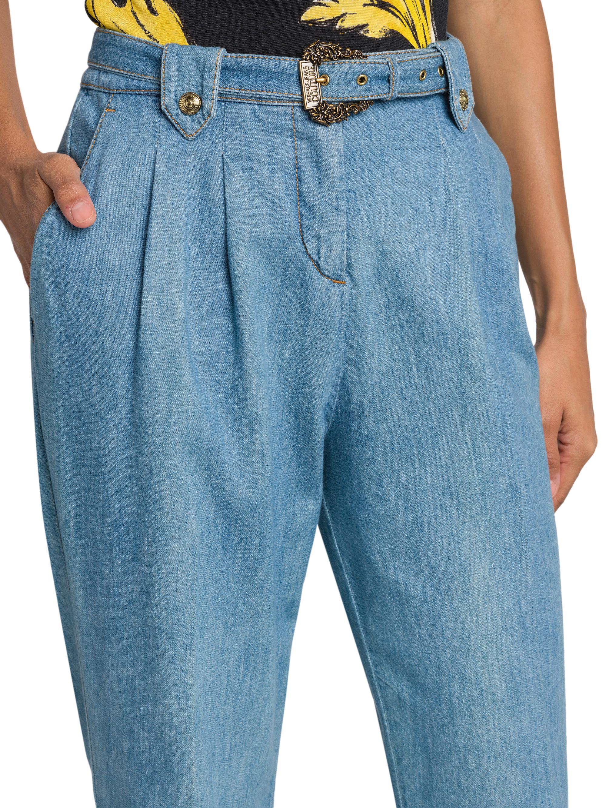 Washed Denim High-Rise Straight-Leg Belted Pants
