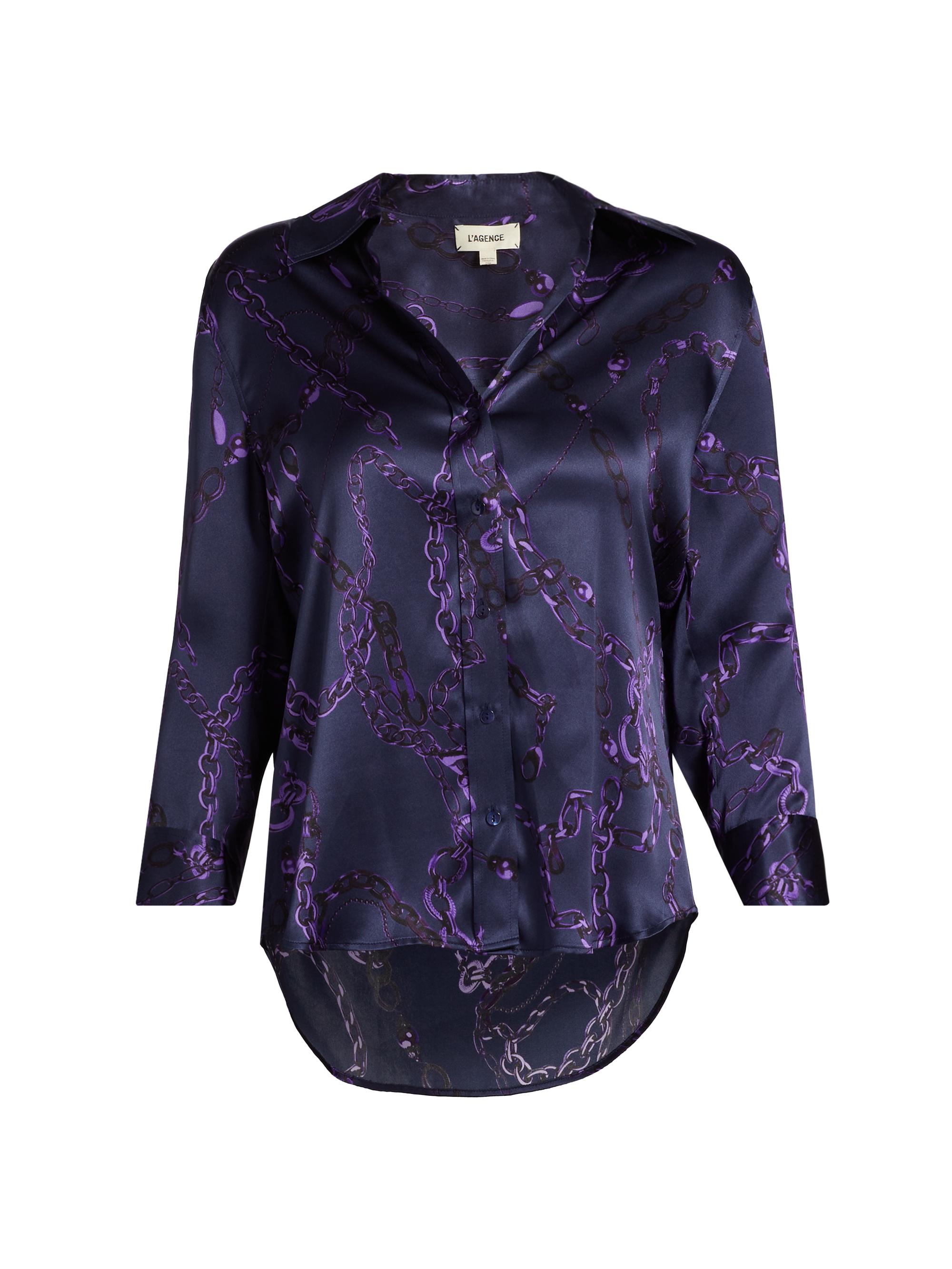 L'AGENCE Women's Dani Chain-Print Silk Shirt - Midnight Purple Sketch Chain