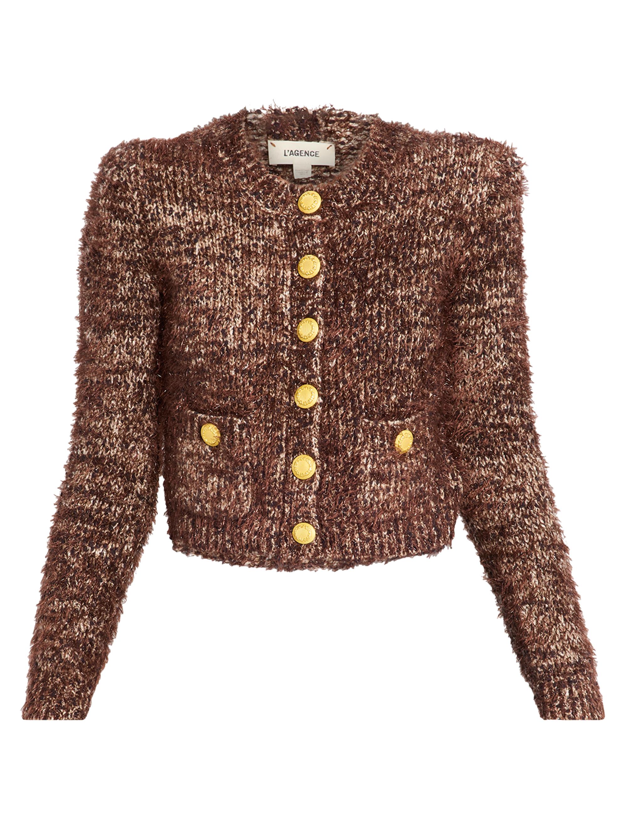 ジャケット・アウター TWEED FRINGE KNIT CARDIGAN Black Knit Open Front Tweed with METALLIC Silver Fringe Cardigan