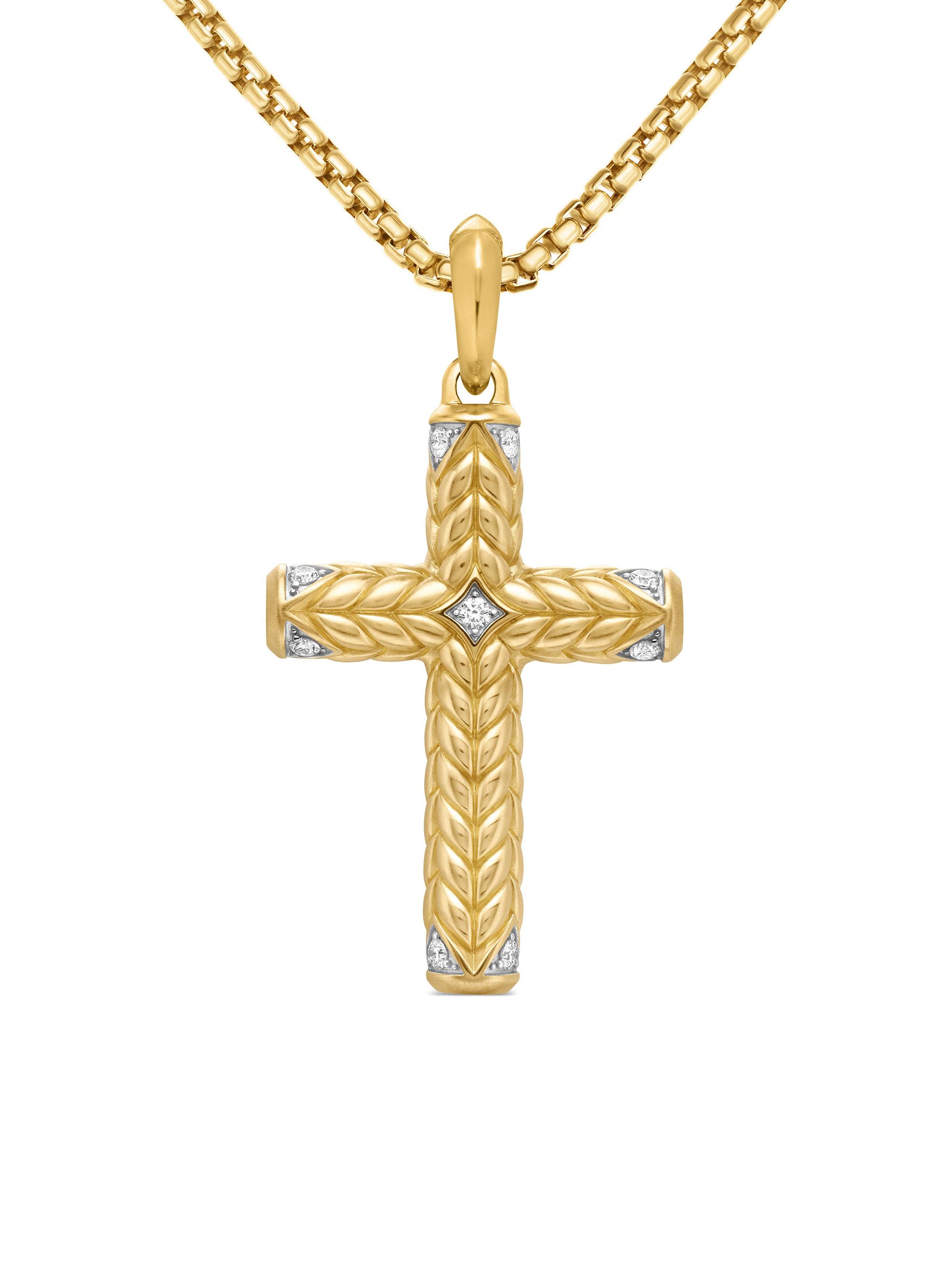 David Yurman Men's Chevron Sculpted Cross Pendant in 18K Yellow Gold with Diamonds, 49MM - Diamond