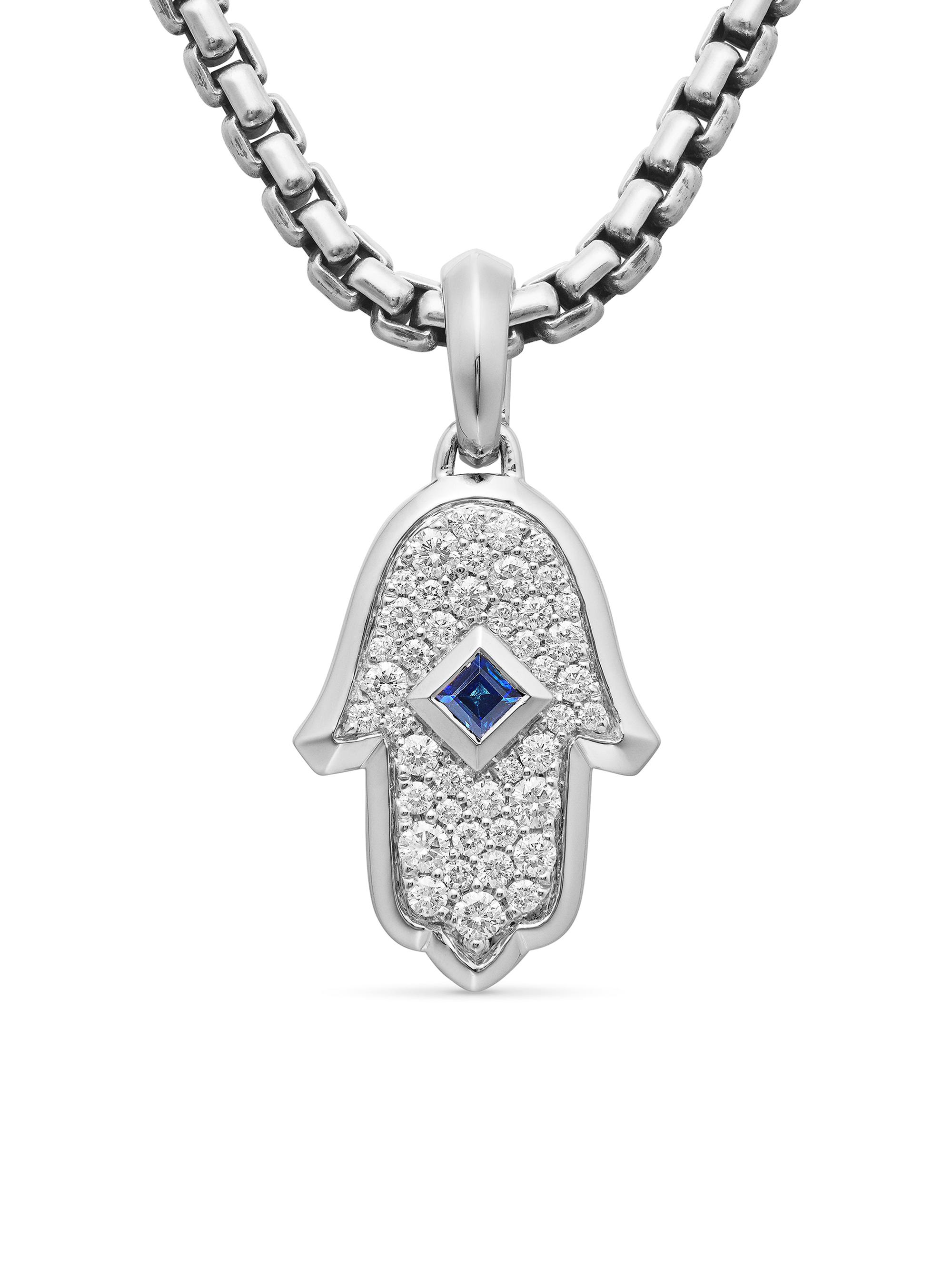 David Yurman Women's Hamsa Amulet in 18K White Gold with Pavé Diamonds and Sapphire, 26MM - Light Blue Sapphire