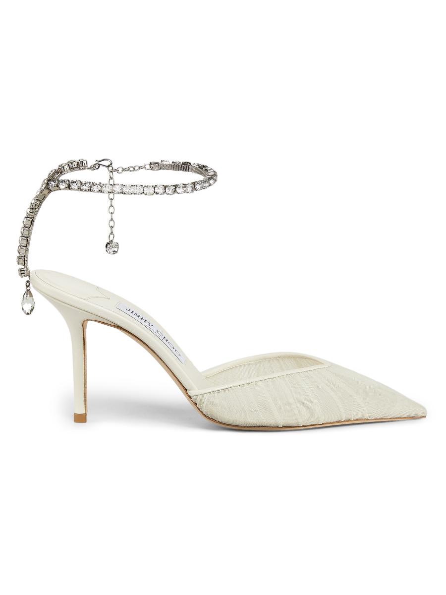 【Jimmy Choo】85mm クリスタル付きチュール Saeda デコルテ Jimmy Choo Saeda 85MM Crystal-Embellished Ruched Tulle Pumps