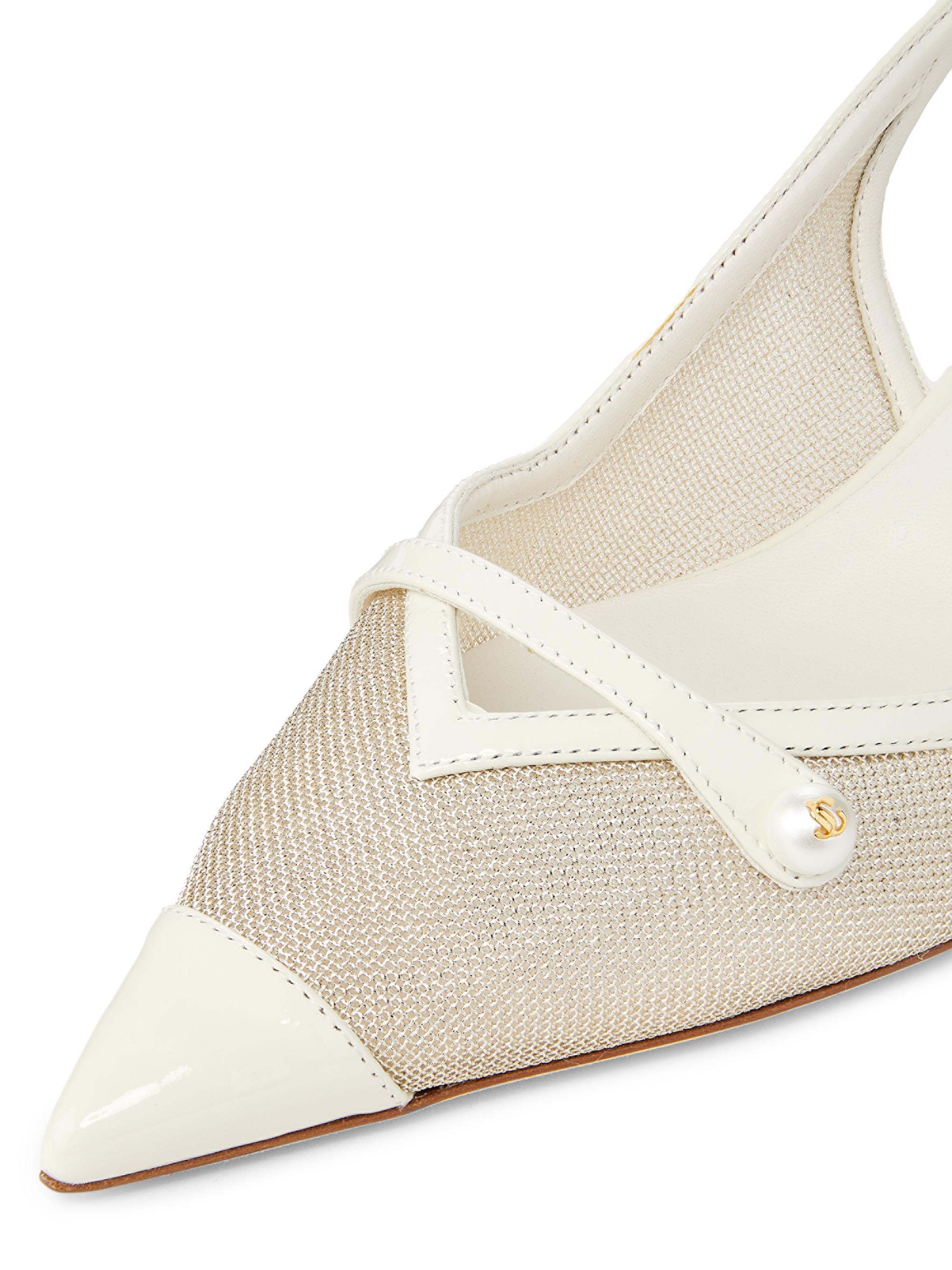 チャーミー・ローズボア 45cm チップ Jimmy Choo Amita 45MM Metallic Mesh & Patent Leather Slingback