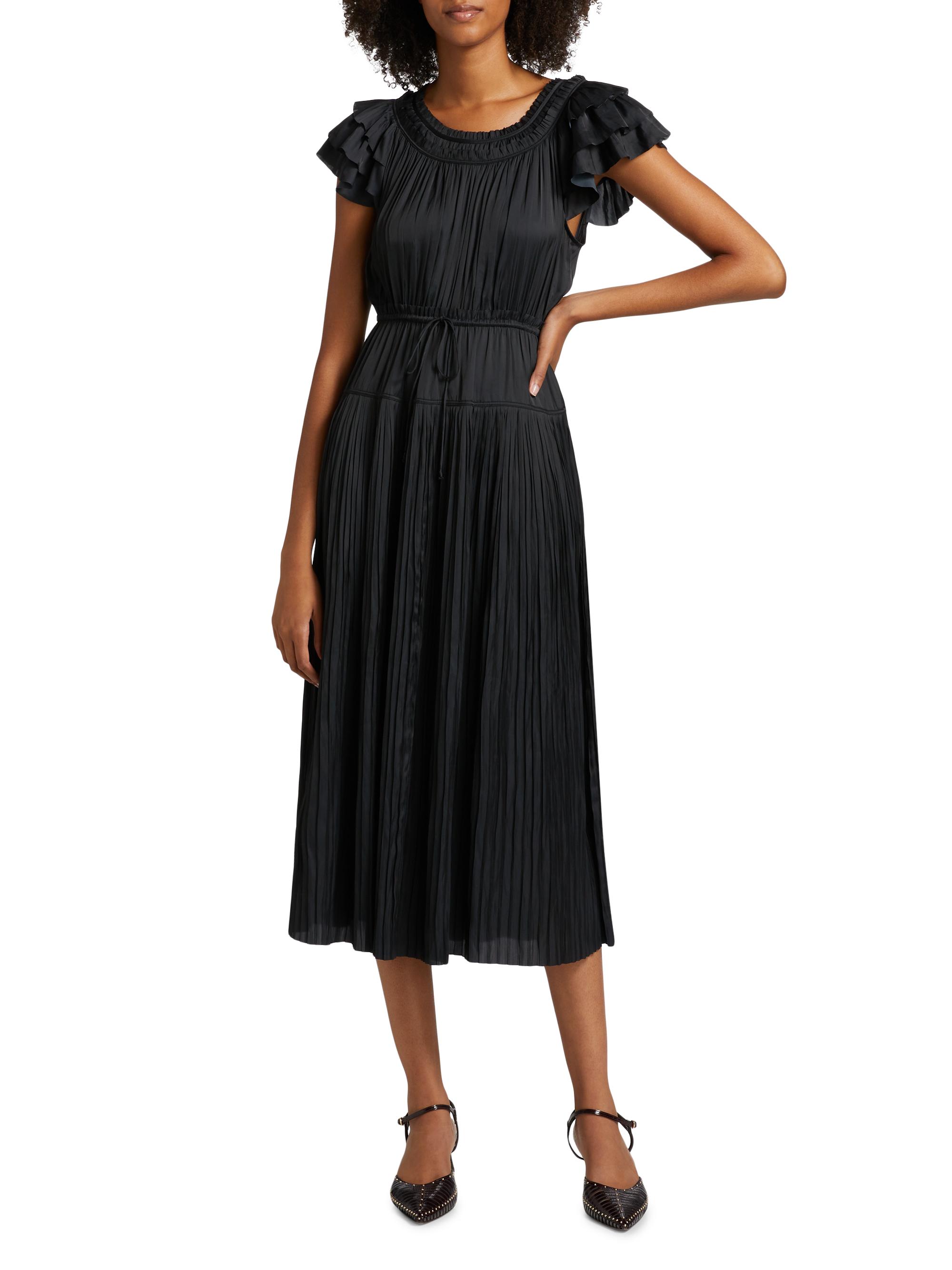 Ulla Johnson Kalesta Pleated Satin Tie-Waist Midi-Dress | Saks
