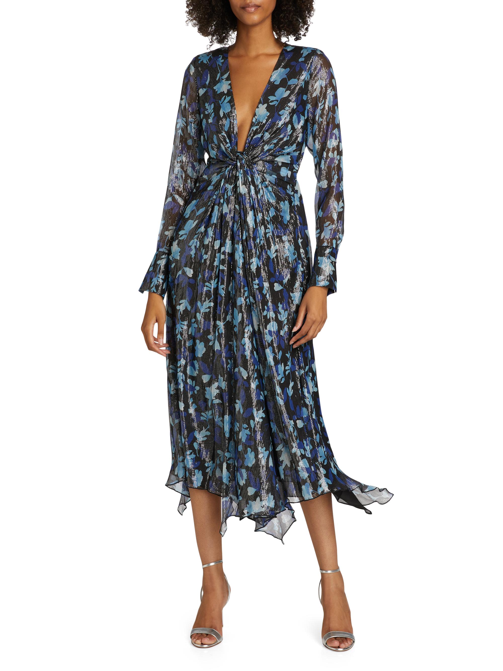Ramy Brook Tatia Floral Metallic Silk Twist Midi-Dress | Saks