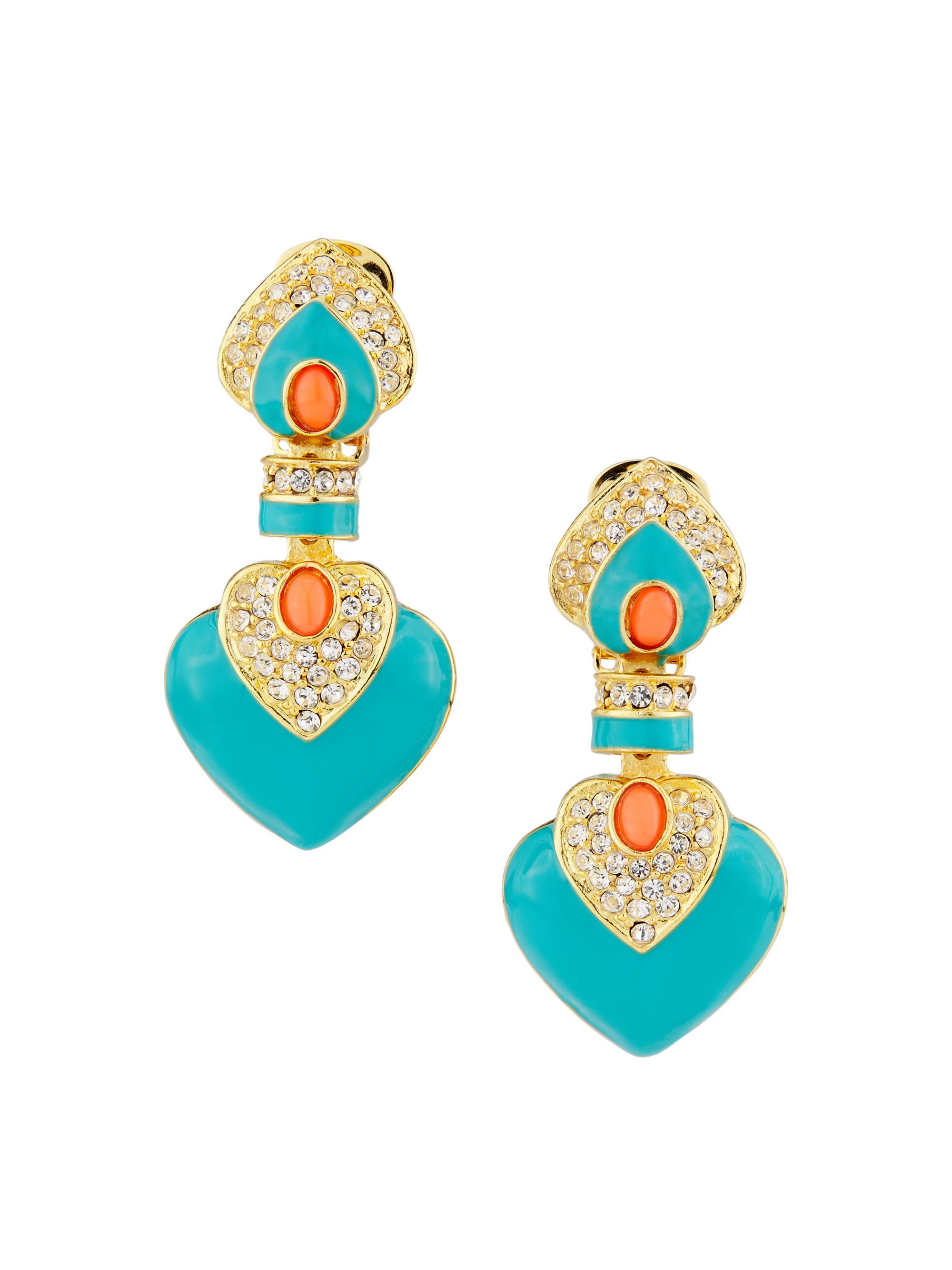 Kenneth Jay Lane Women's 22K-Gold-Plated Turquoise, Coral & Rhinestone Heart Clip-On Drop Earrings - Turquoise