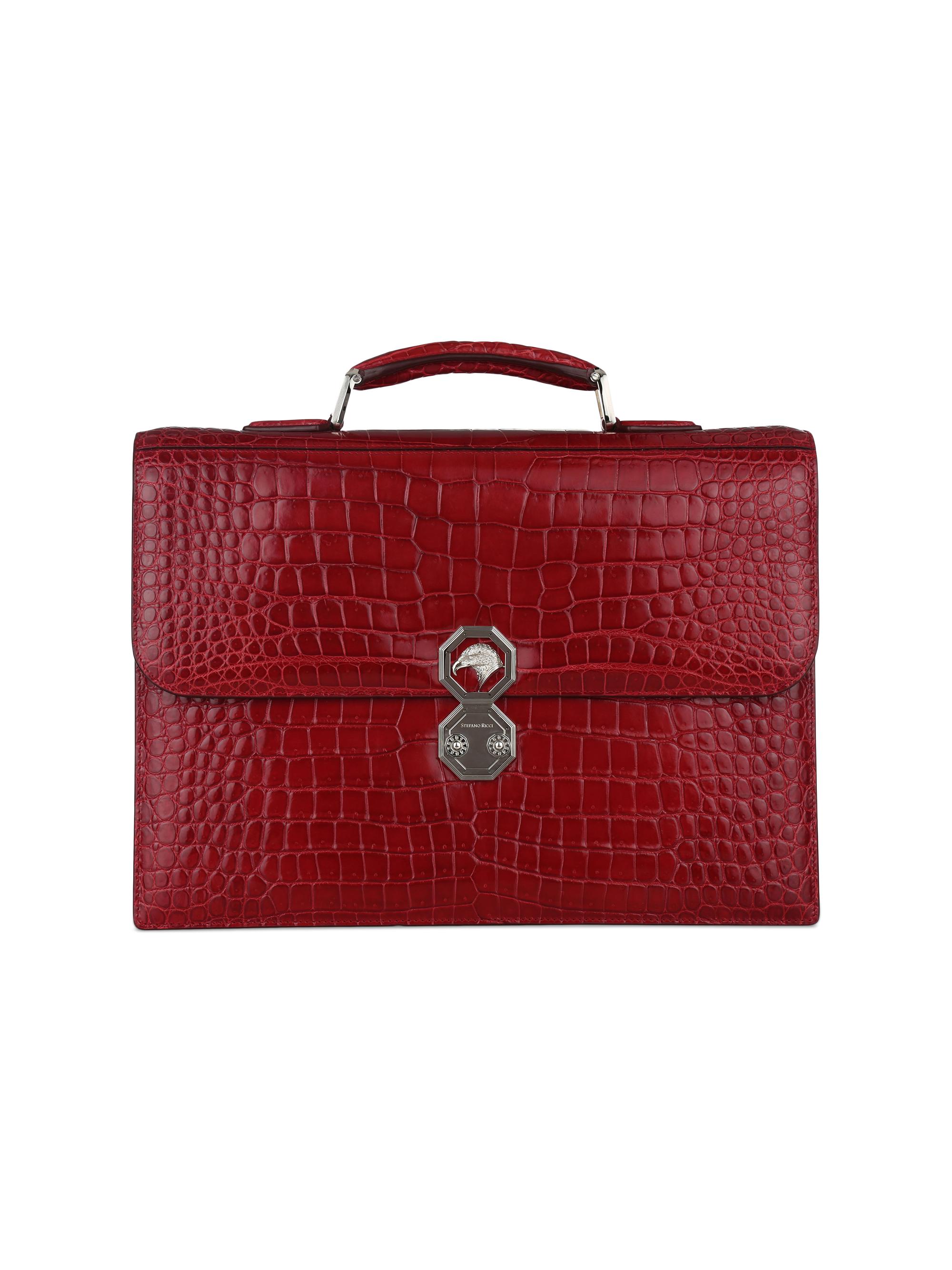 Stefano Ricci Men's Briefcase with 2 Gussets Silver - Dark Rouge
