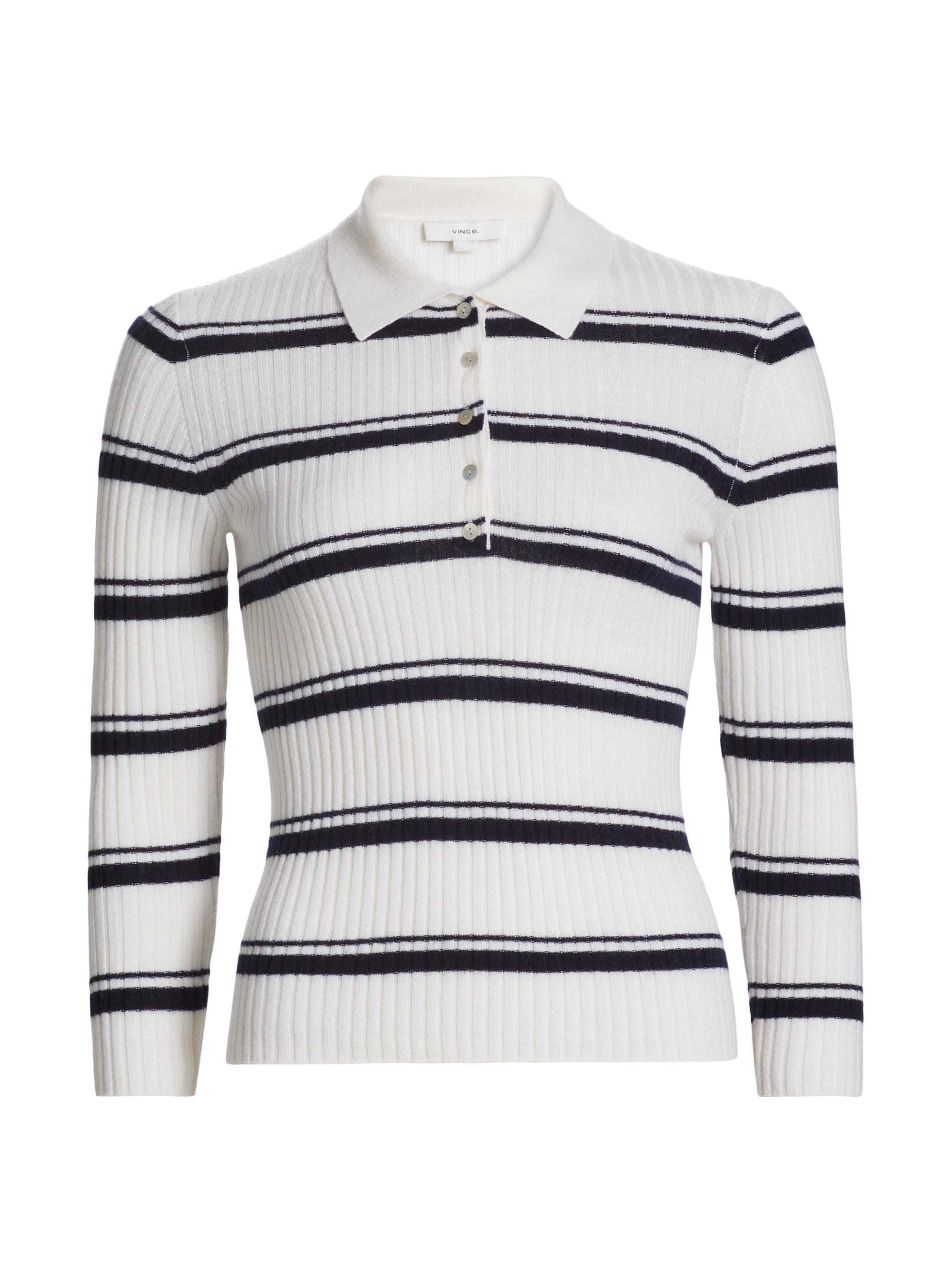 Vince Women's Cashmere-Silk Striped Polo Top - Off White Coastal