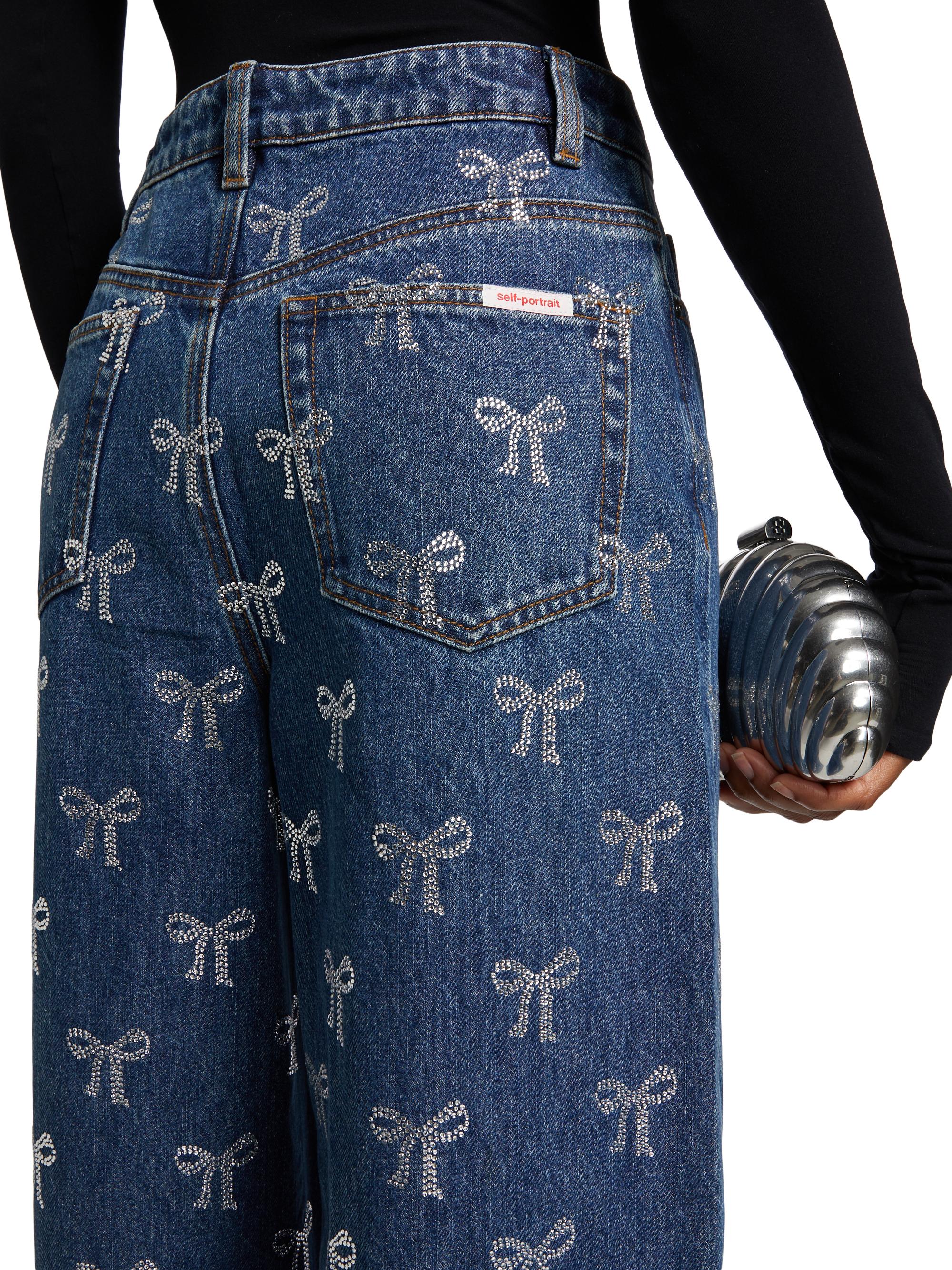 Self-Portrait Rhinestone Bow High-Rise Straight-Leg Jeans | Saks