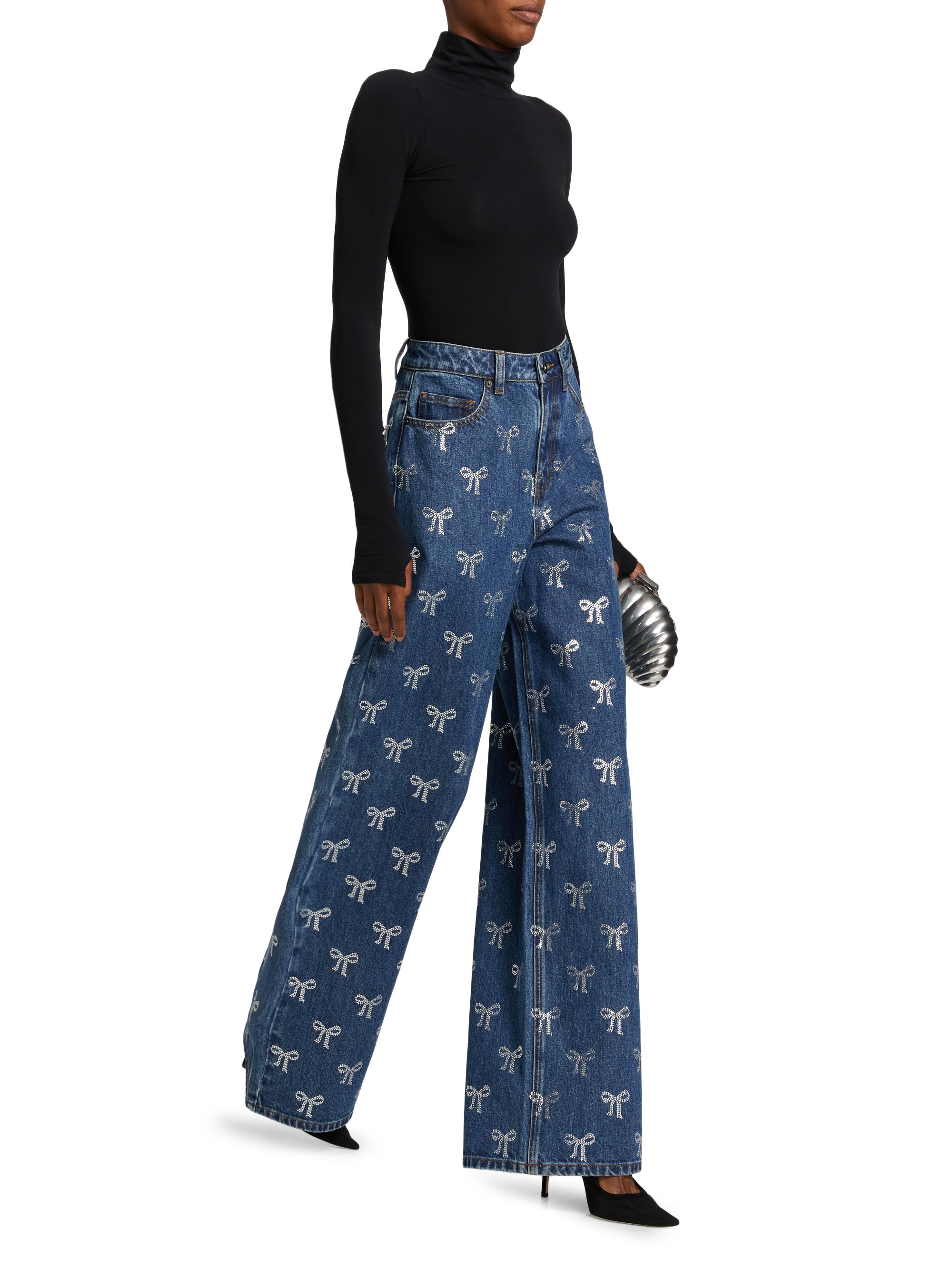 Self-Portrait Rhinestone Bow High-Rise Straight-Leg Jeans | Saks