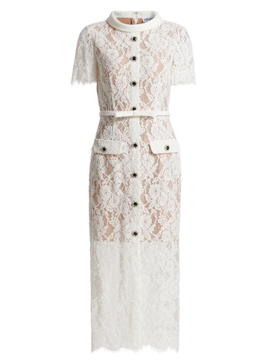 knee length dresses for ladies Cream Tulle Lace Midi Dress – self-portrait-US main image 0