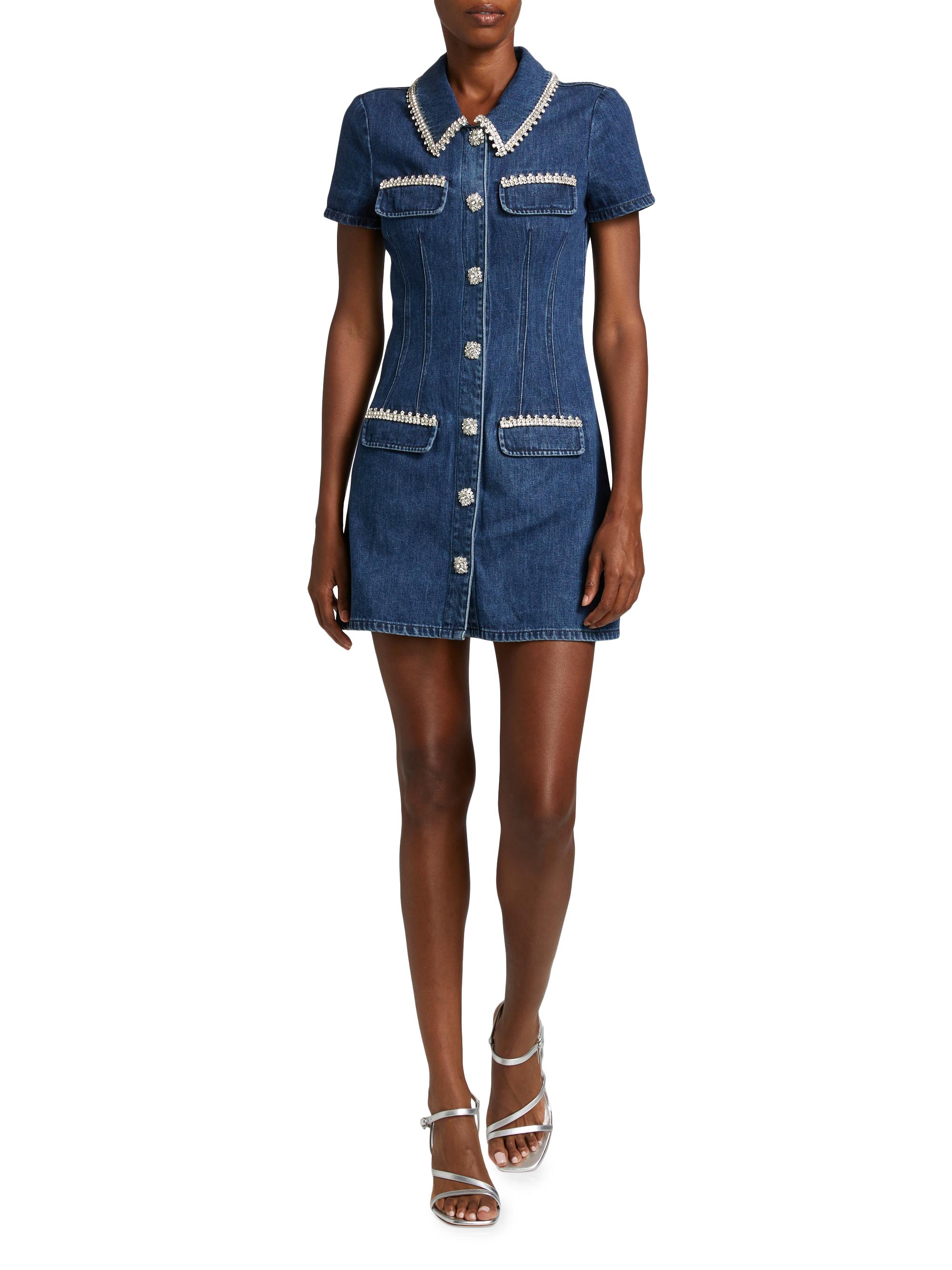 white christmas dresses Self-Portrait Women's Blue Denim Sleeveless Sweetheart Neck Diamante B –  TheFabNest