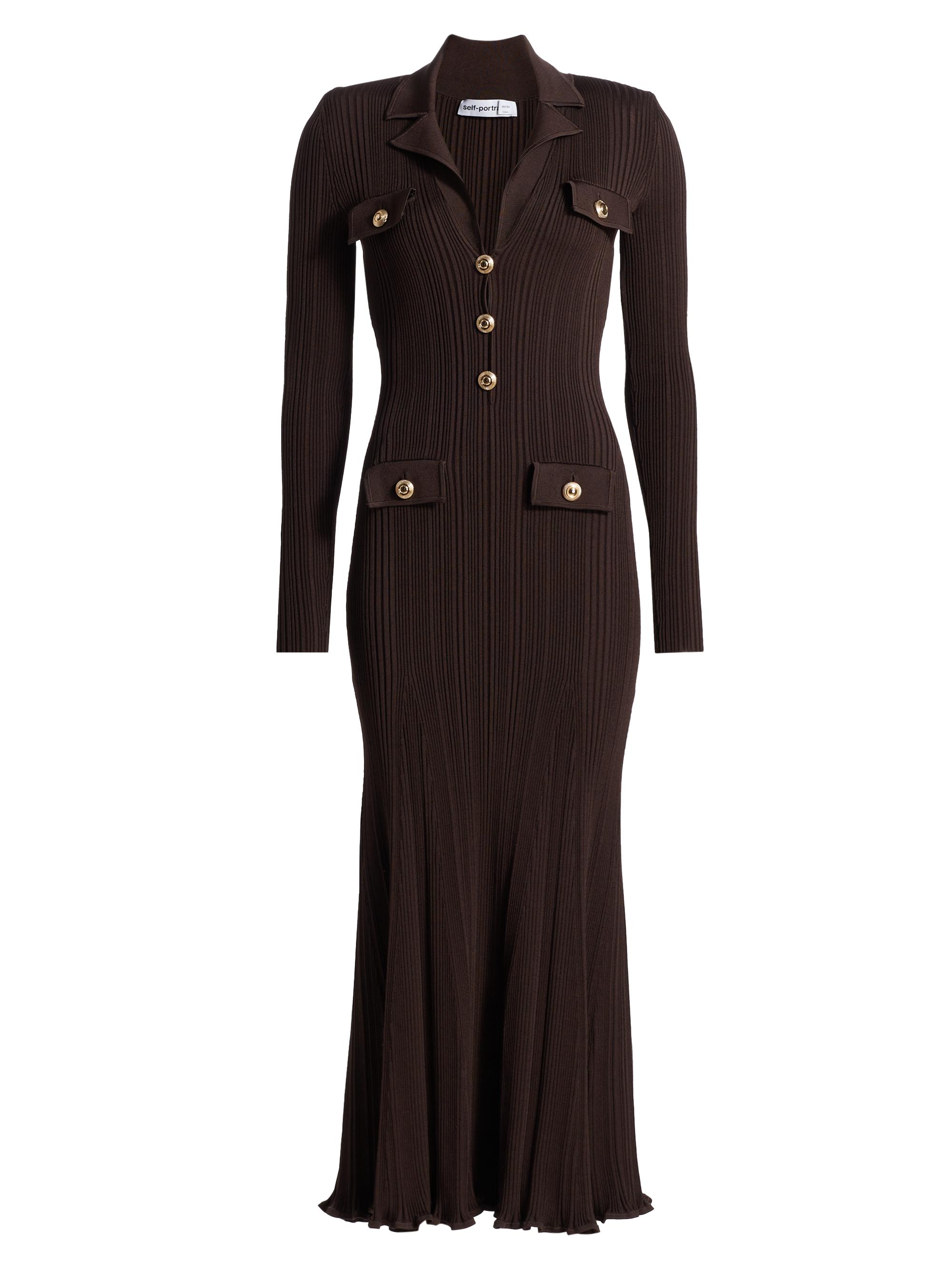 Self-Portrait Women's Rib-Knit Fit & Flare Dress - Brown