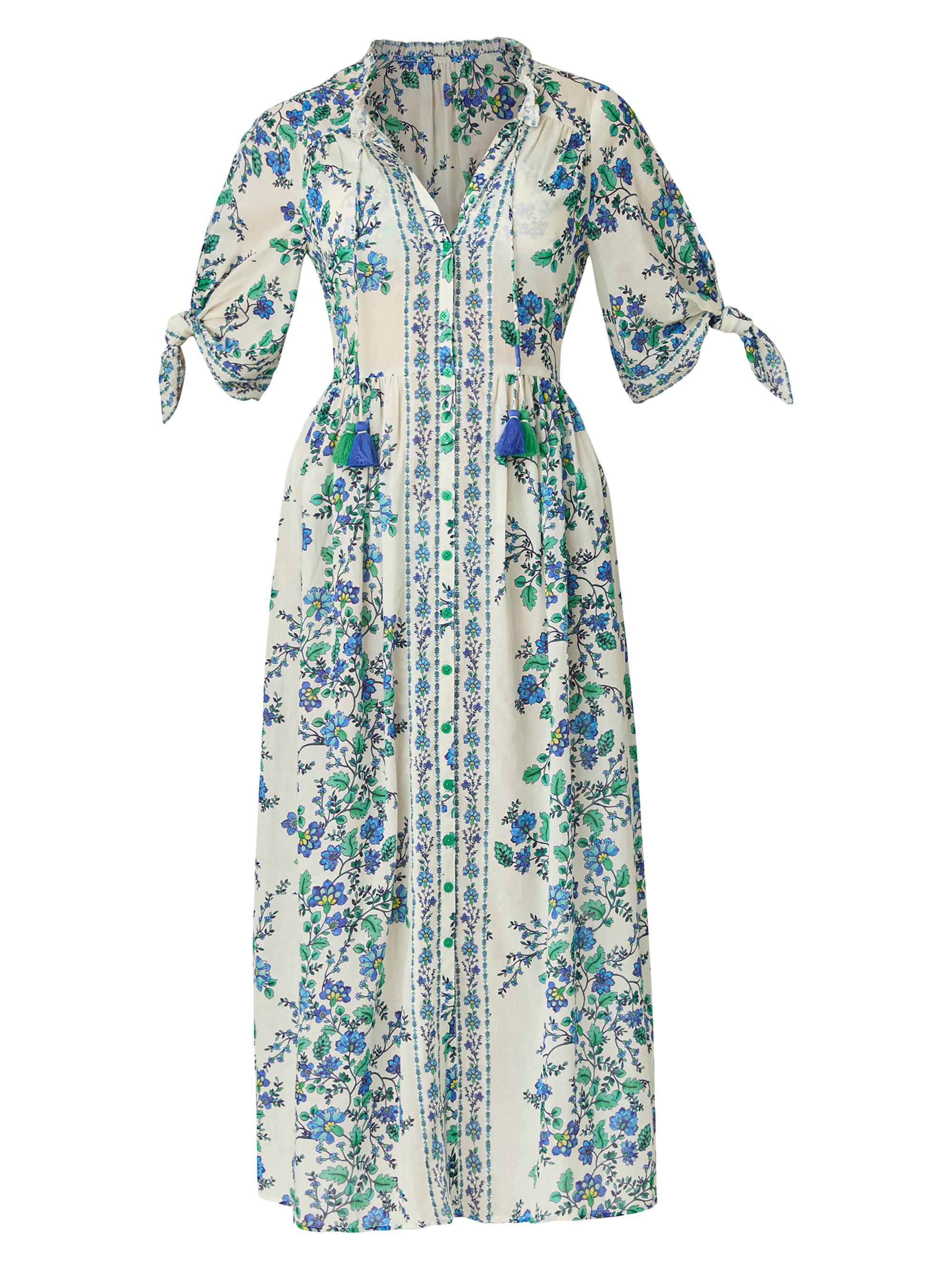 Shoshanna Women's Floral Cotton Tie-Sleeve Midi-Shirtdress - Ocean Blue Multi