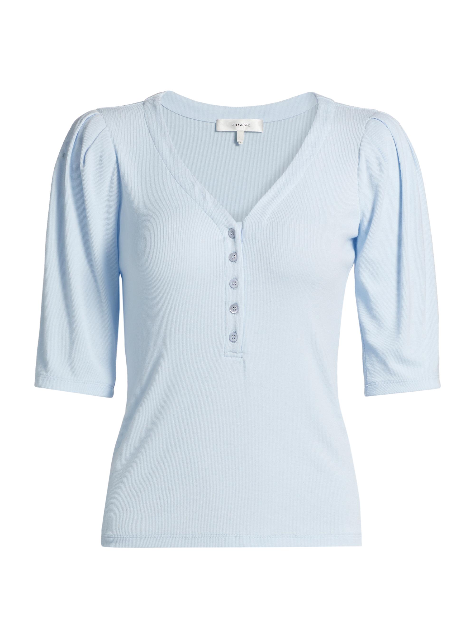 Frame Women's Ruched Short-Sleeve Henley Top - Light Chambray