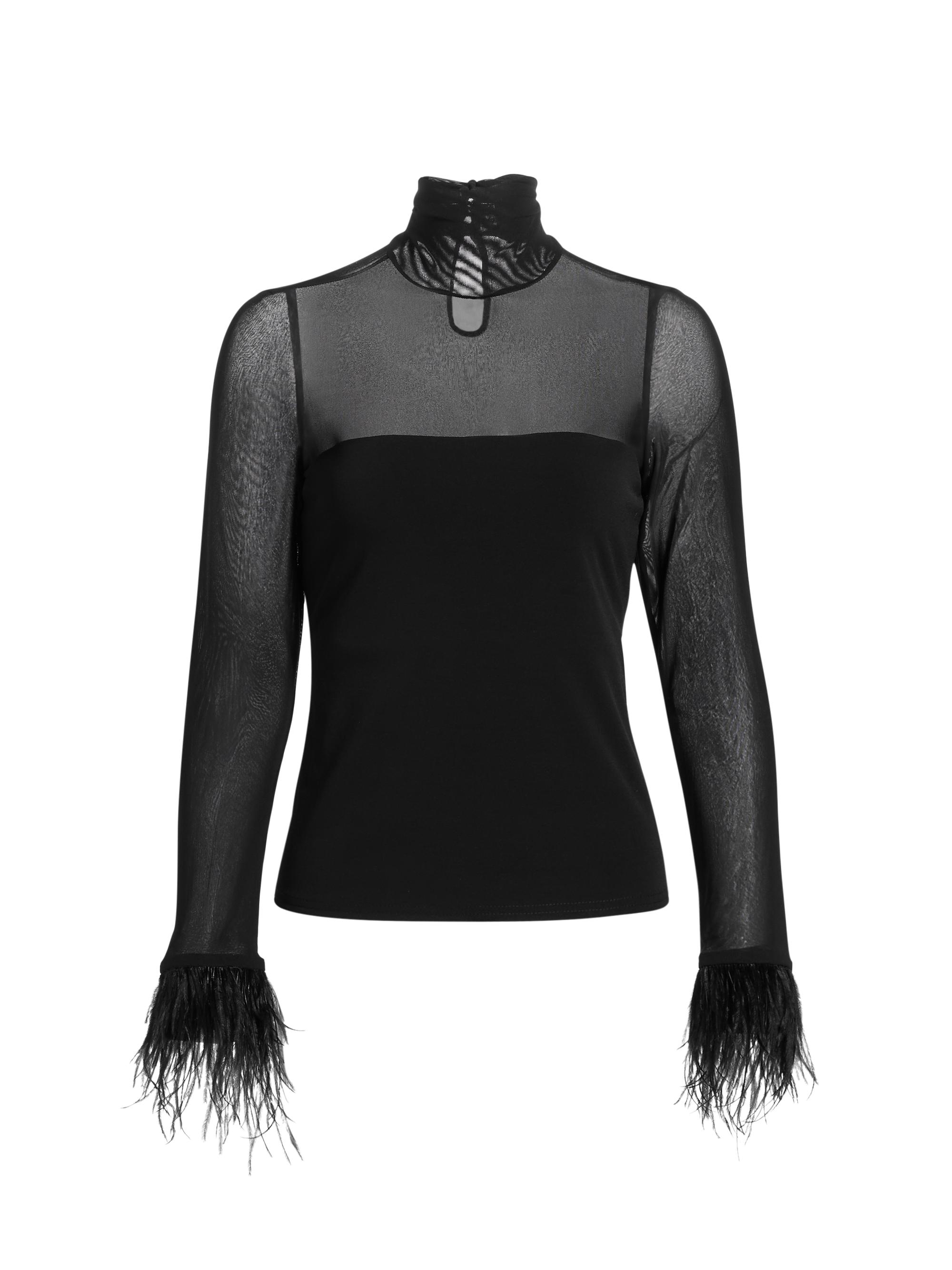 Alice + Olivia Delaina Mesh Feather-Cuff Top | Saks Fifth Avenue
