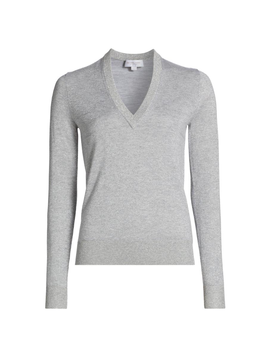 Michael Kors Women's Metallic V-neck Sweater In Silver