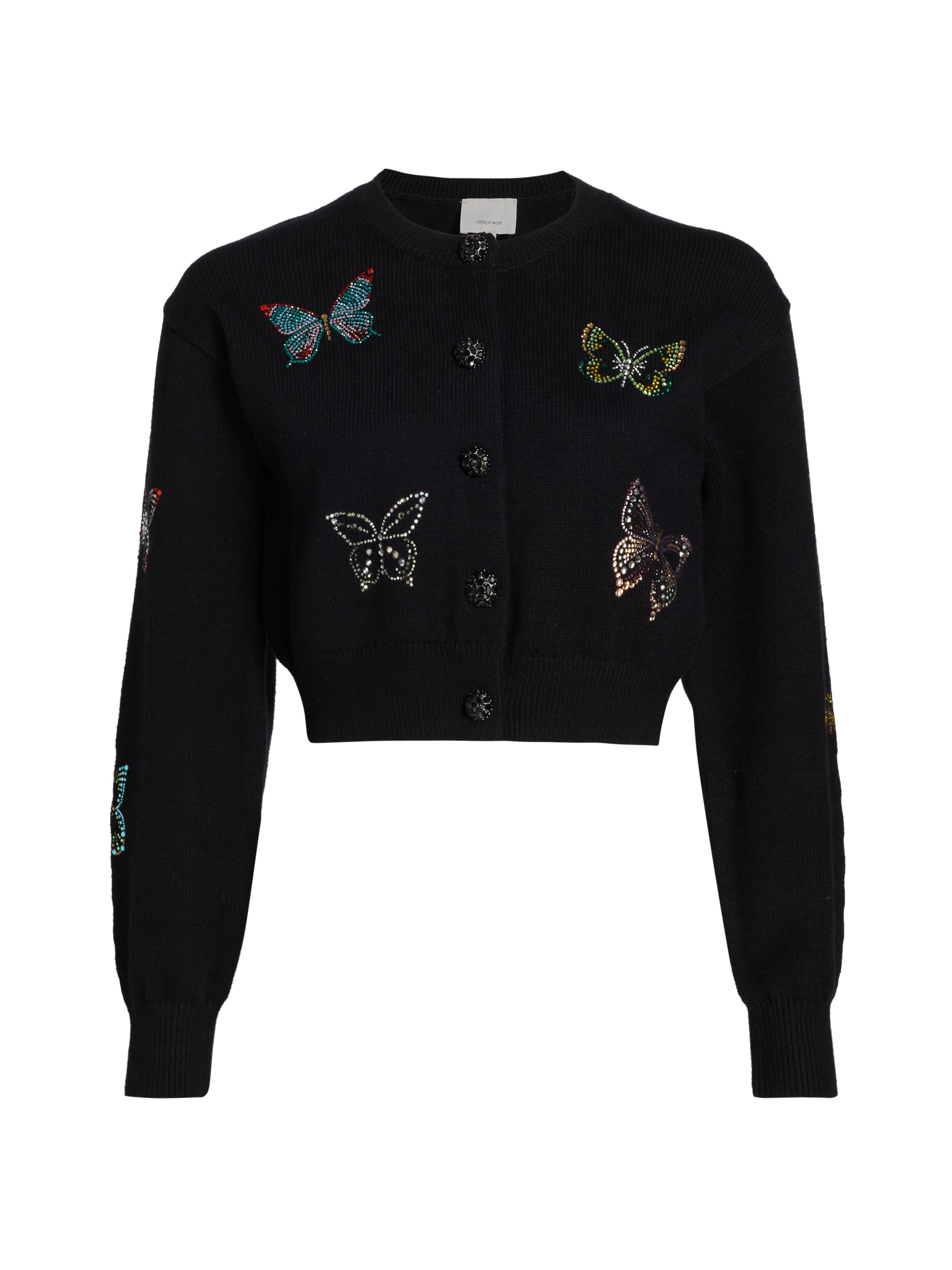 CINQ A SEPT Women's Lisette Butterfly Crystal-Embellished Cotton-Blend Cardigan - Black Multi