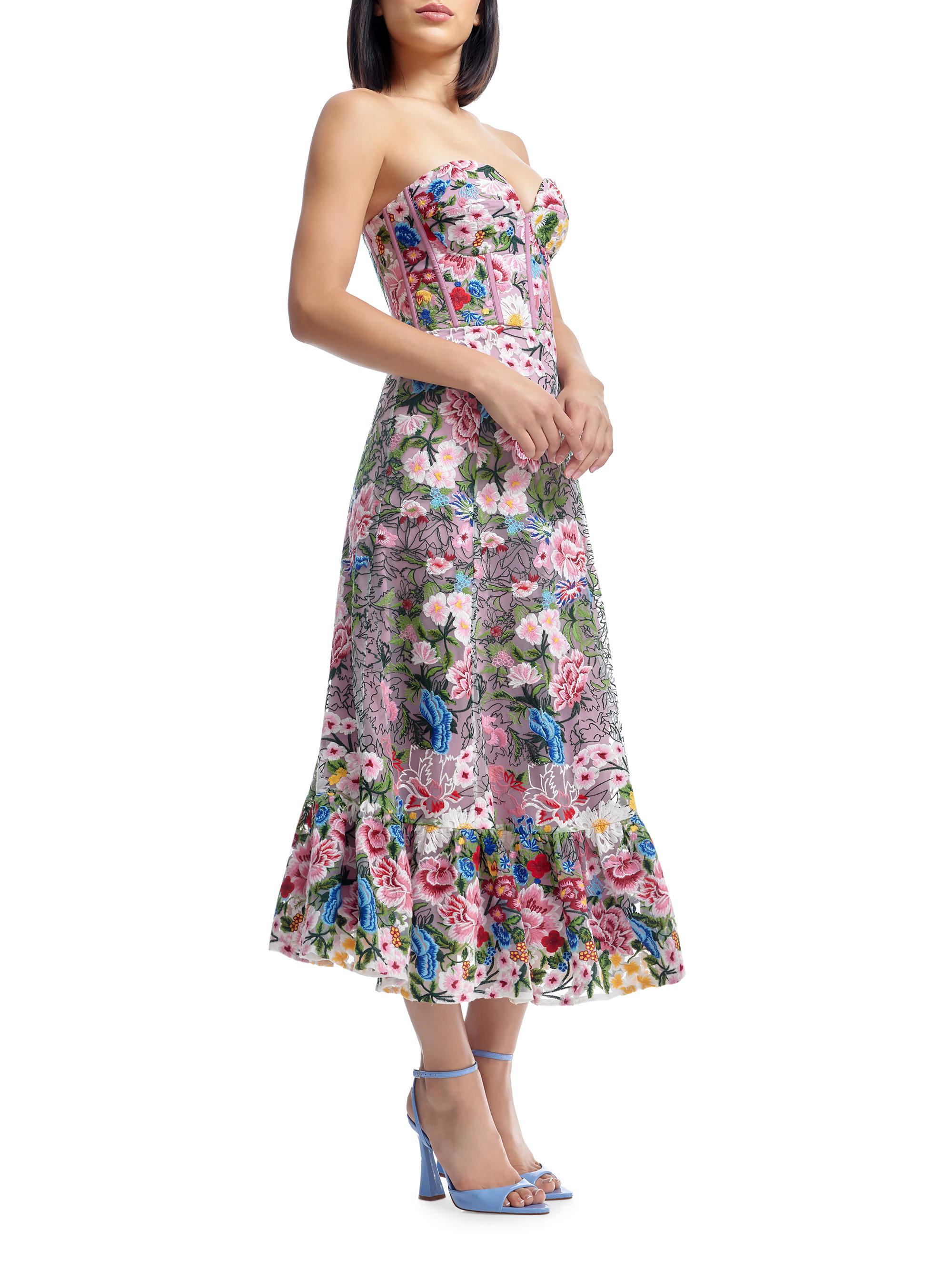 Dress The Population Carina Floral Embroidered Strapless Bustier Fit & Flare  Dress | Saks Fifth Avenue
