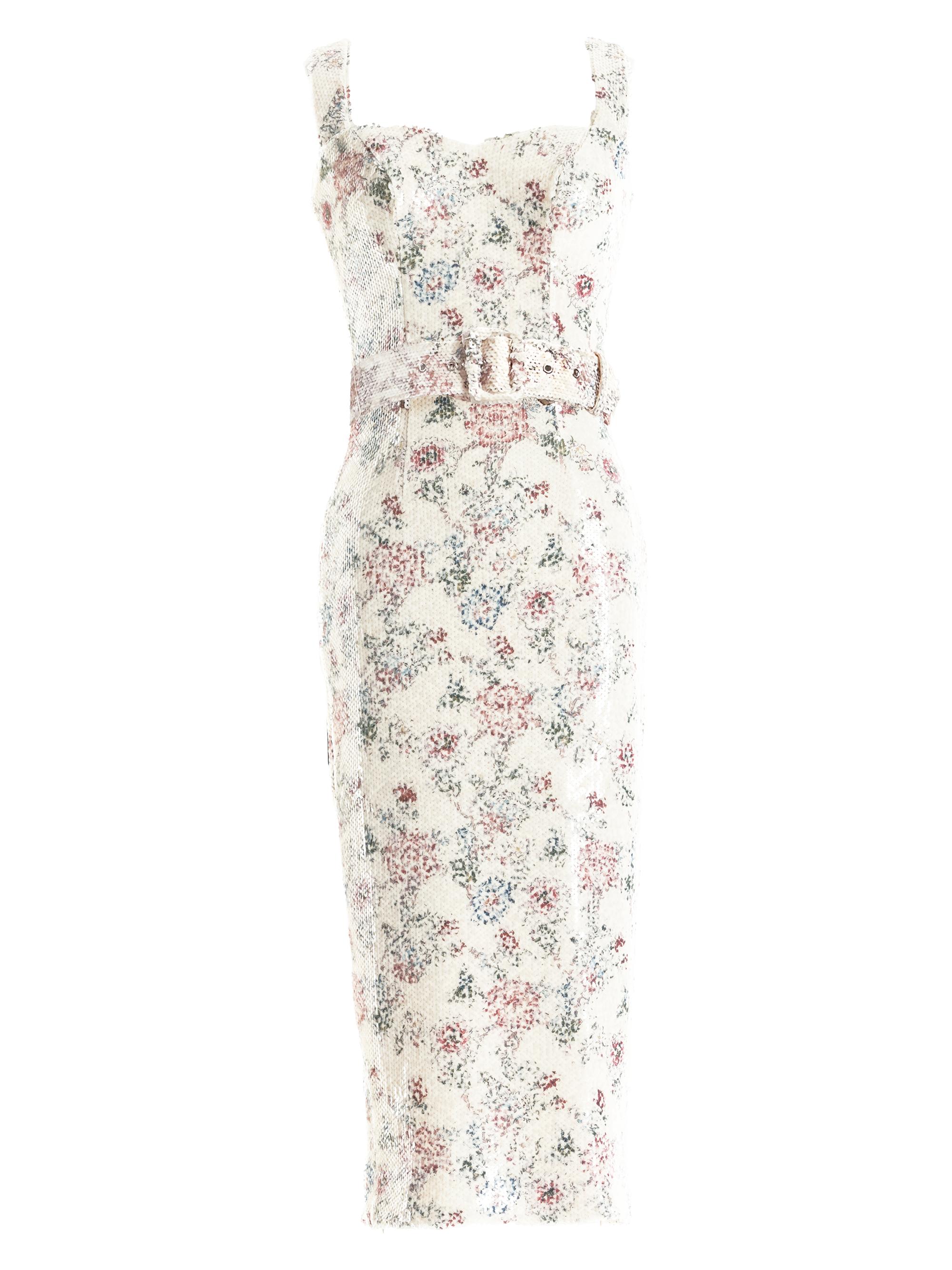 Dress the Population Nicole Belted Floral Sequin Midi-Dress - Cream Multi - Xx-Large