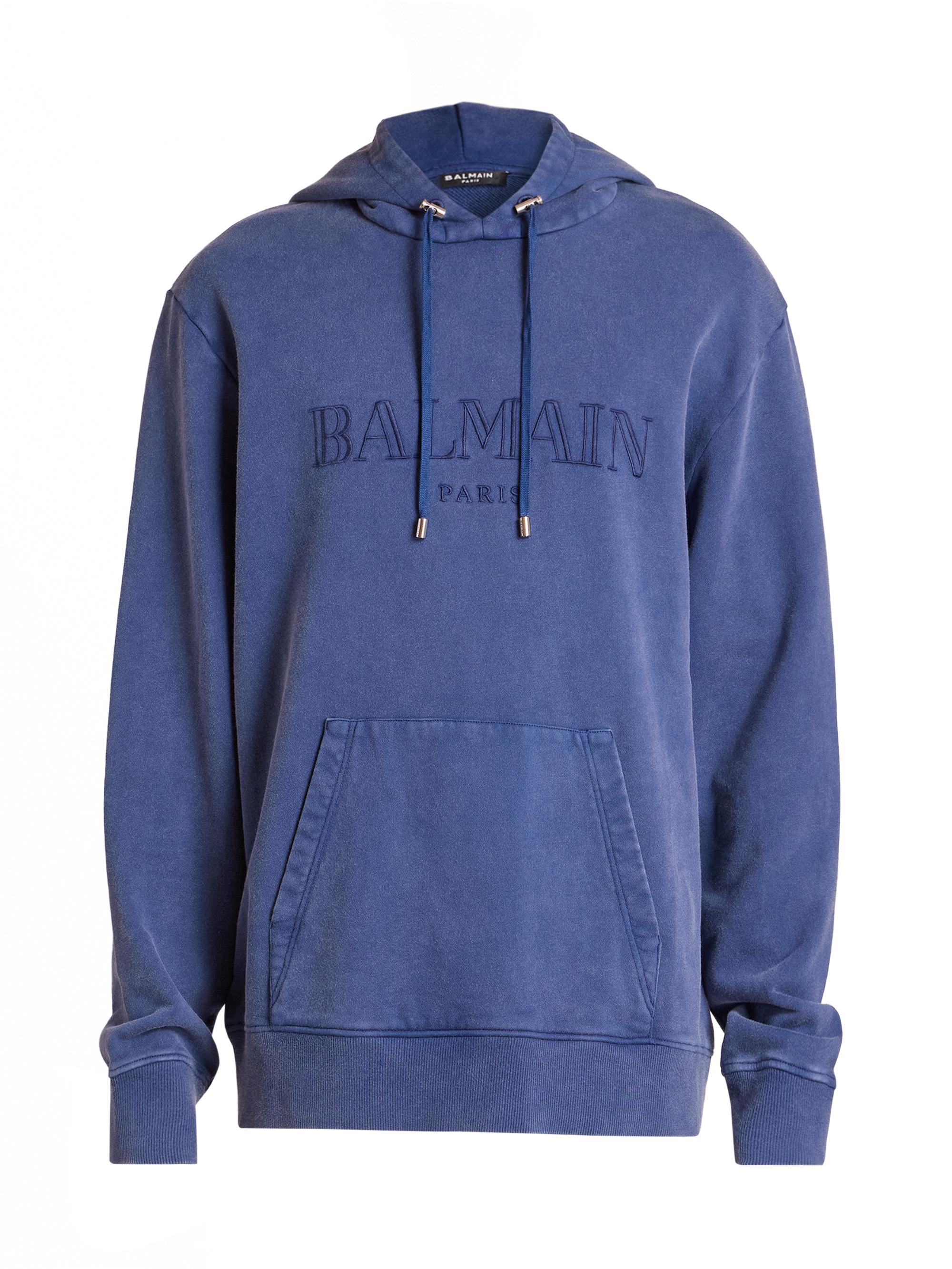 Men's Embroidered Logo Cotton Hoodie Blueblue Balmain