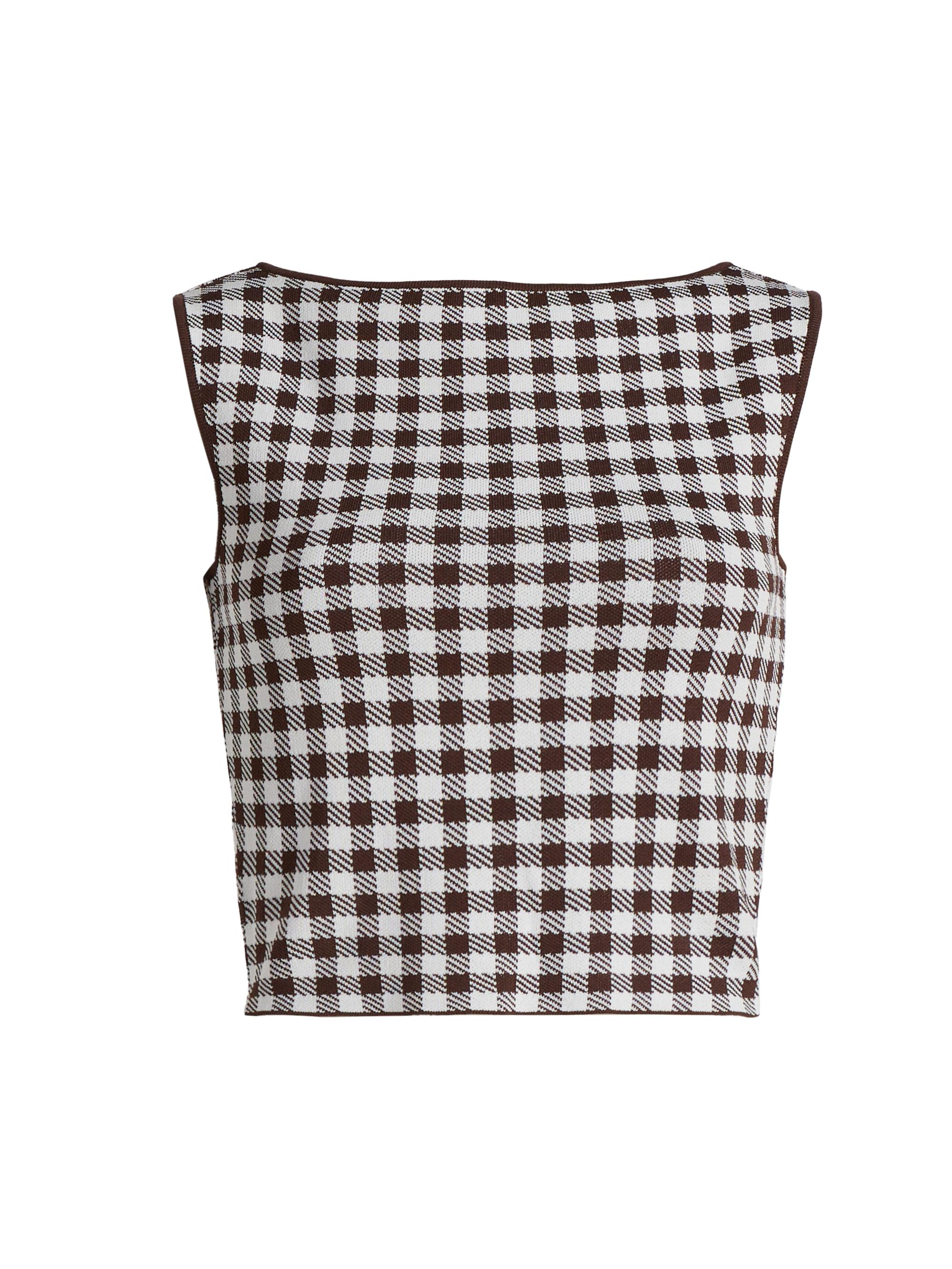 Staud Women's Montgomery Gingham Boatneck Top - Dark Chocolate Gingham