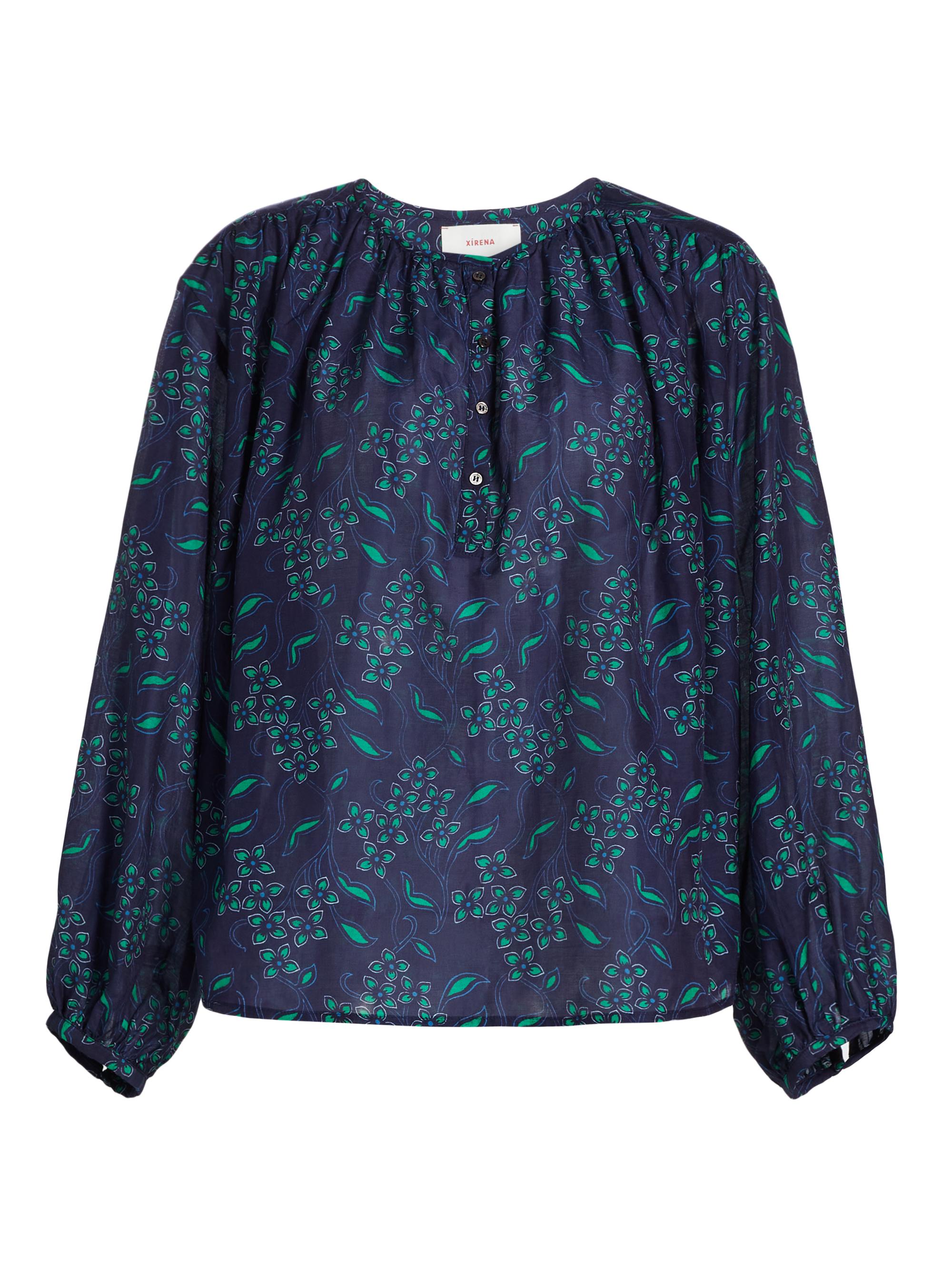XÍRENA Women's Felice Printed Cotton & Silk Peasant Top - Navy Green