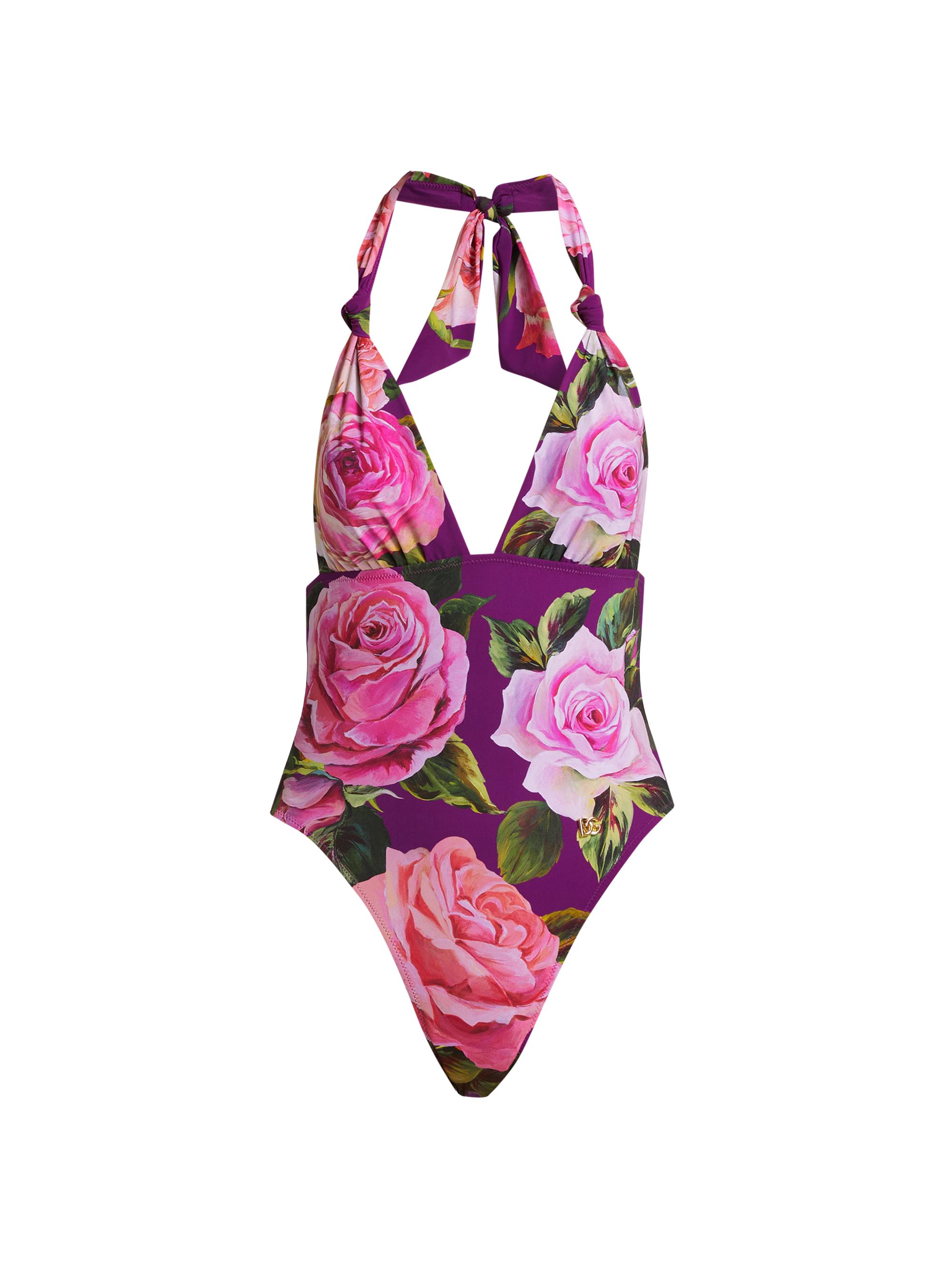 Dolce & Gabbana Women's Floral Deep V-Neck One-Piece Swimsuit - Rose Rosa Viola