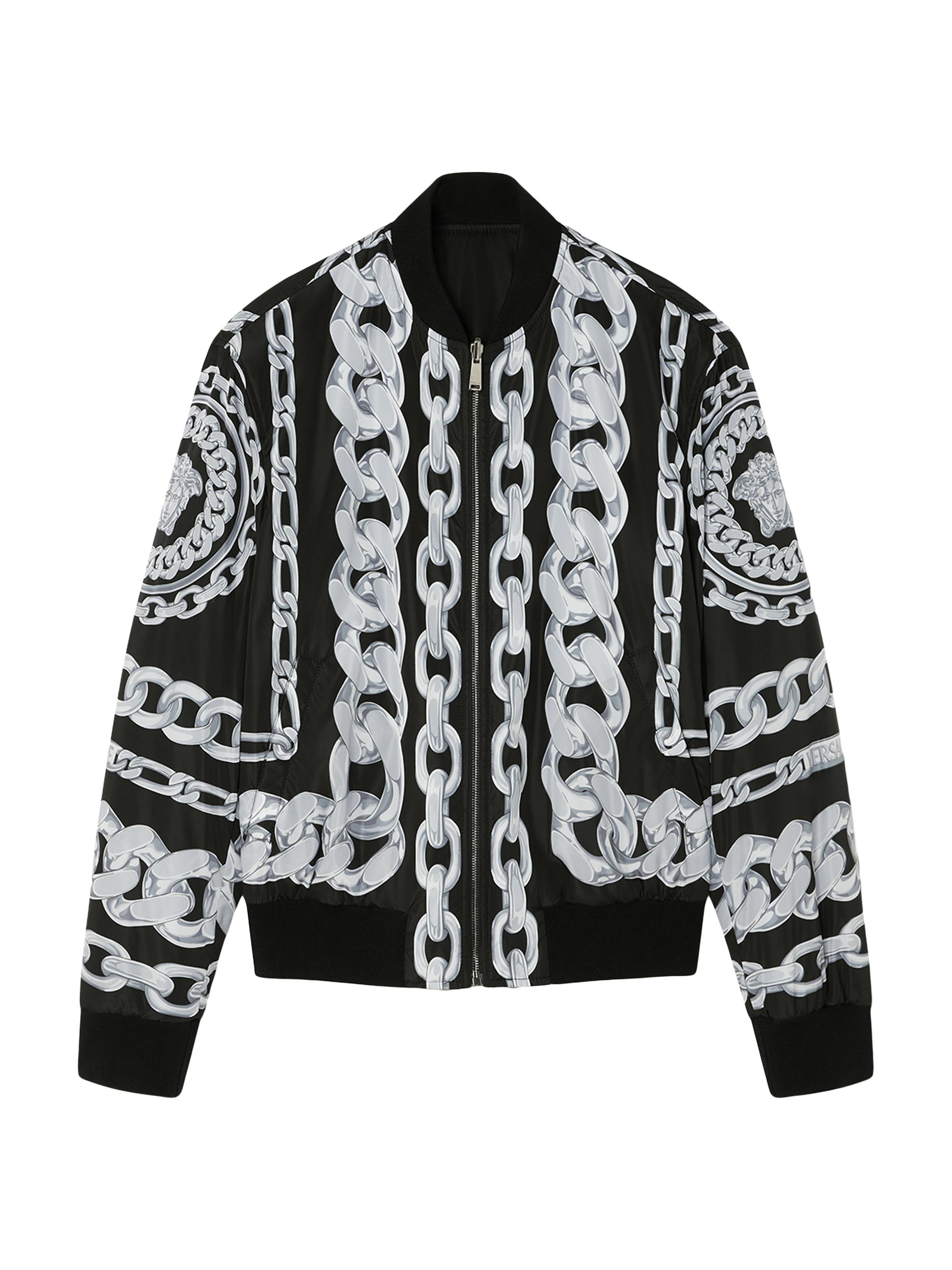 Versace Men's Reversible Chains Print & Solid Technical Fabric Jacket - Black Silver