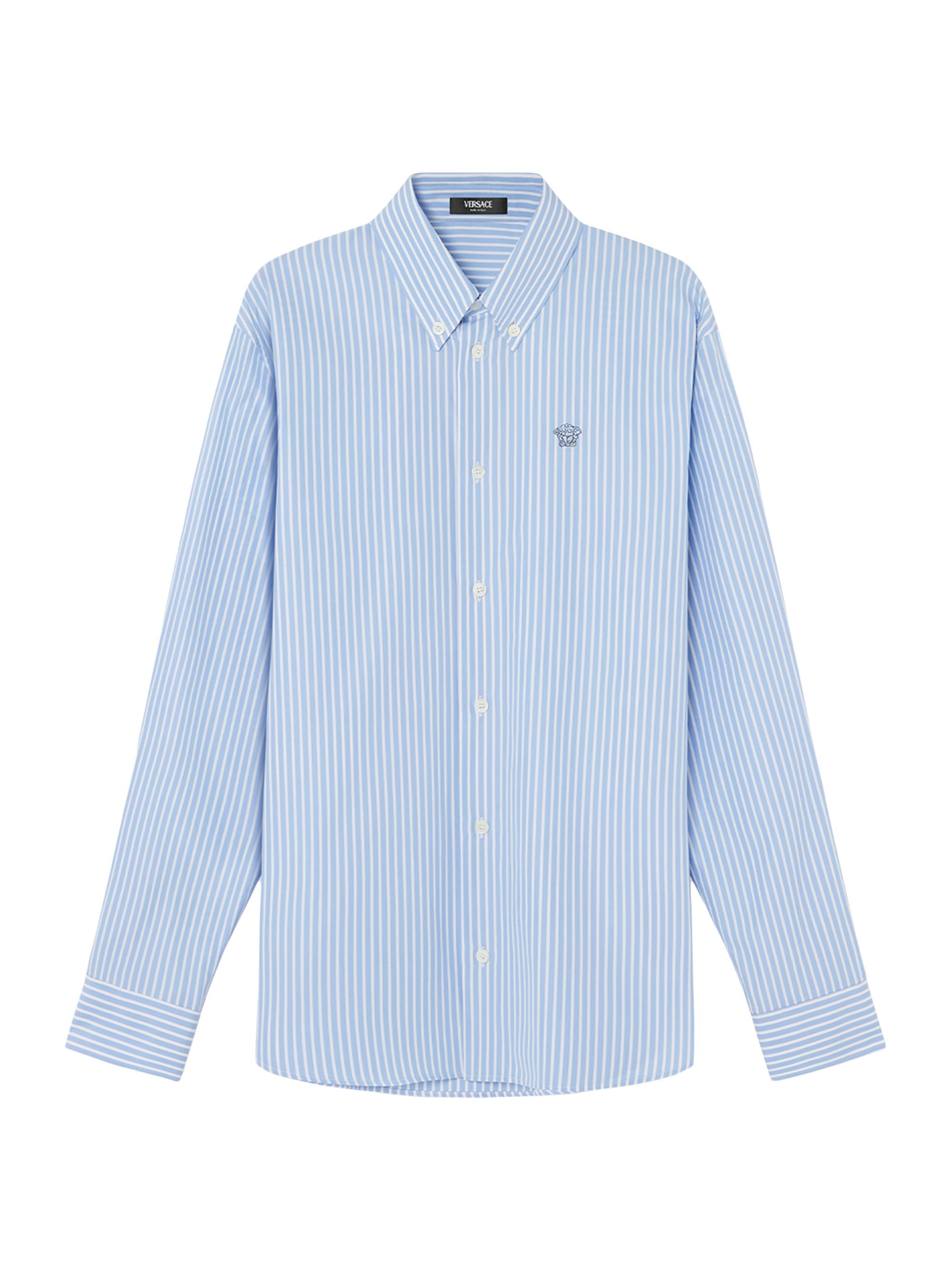 Versace Men's Medusa Embroidery Striped Cotton Poplin Shirt - White Light Blue