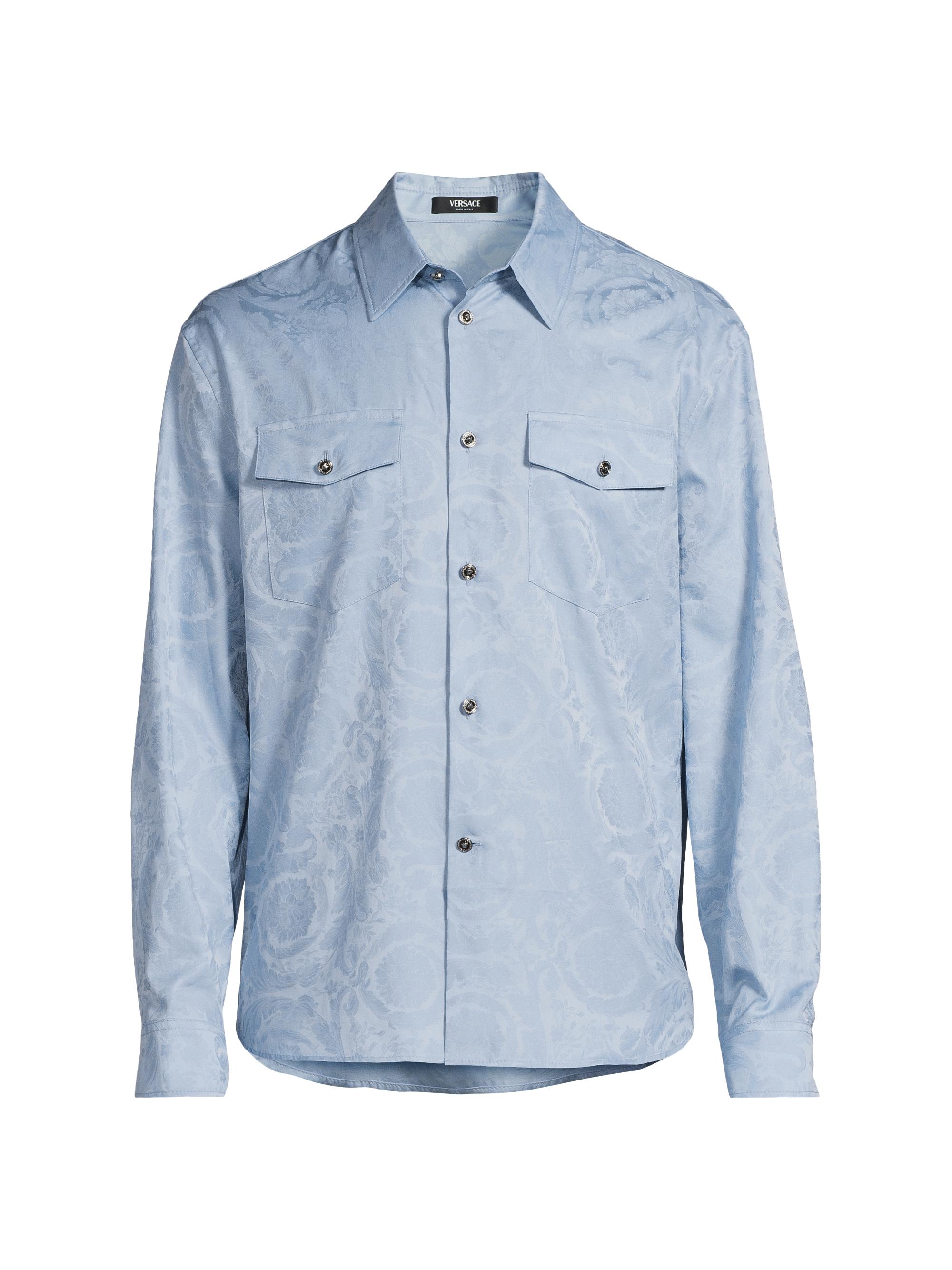 Versace Men's Baroque Jacquard Cotton Shirt - Light Blue