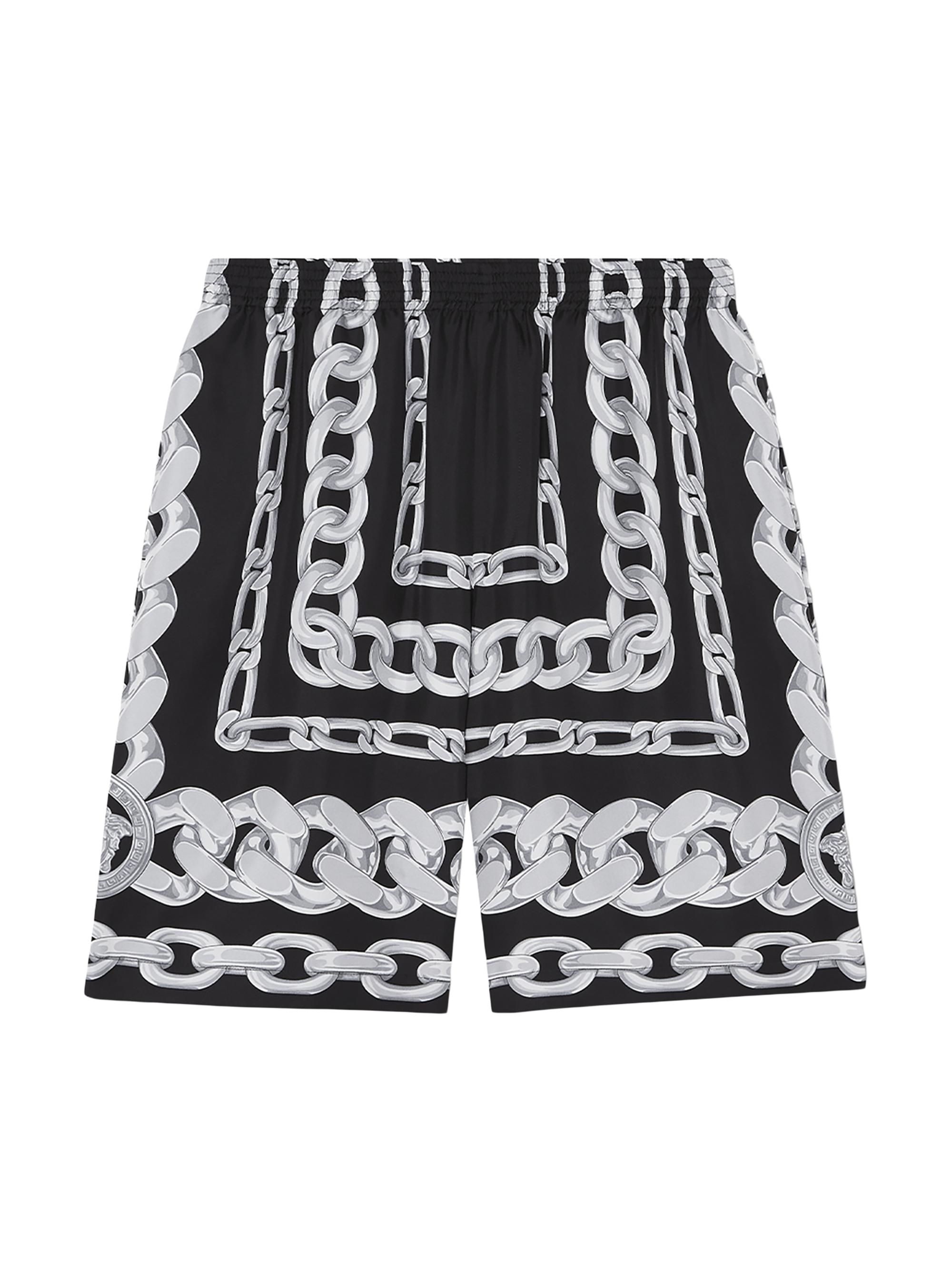 Versace Men's Medusa Chains Print Silk Twill Shorts - Black Silver